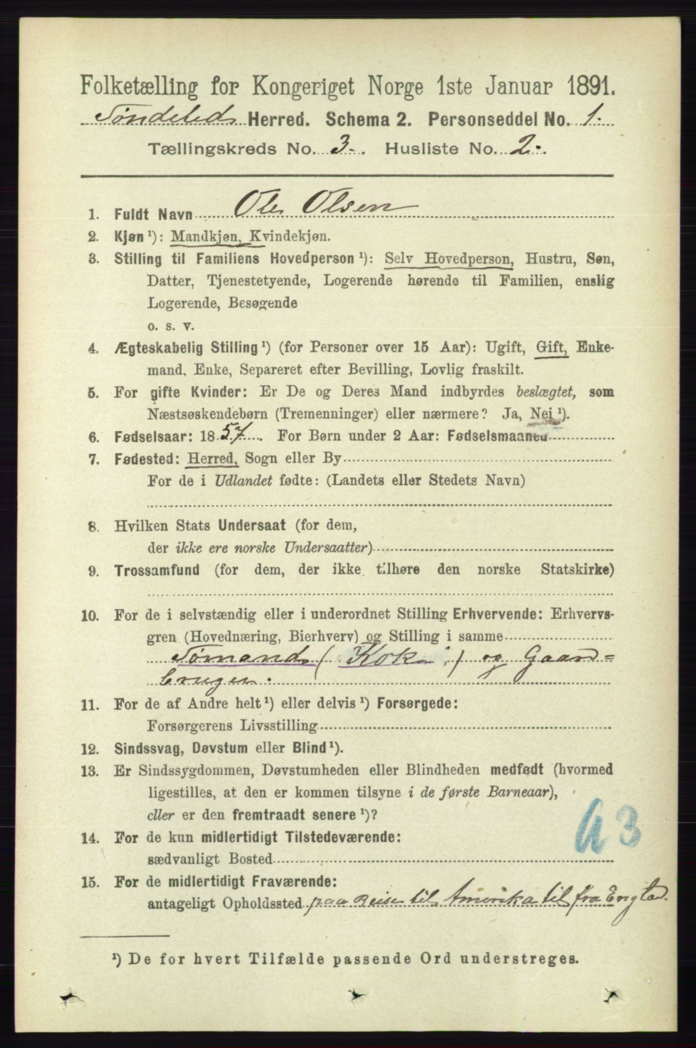 RA, 1891 census for 0913 Søndeled, 1891, p. 607