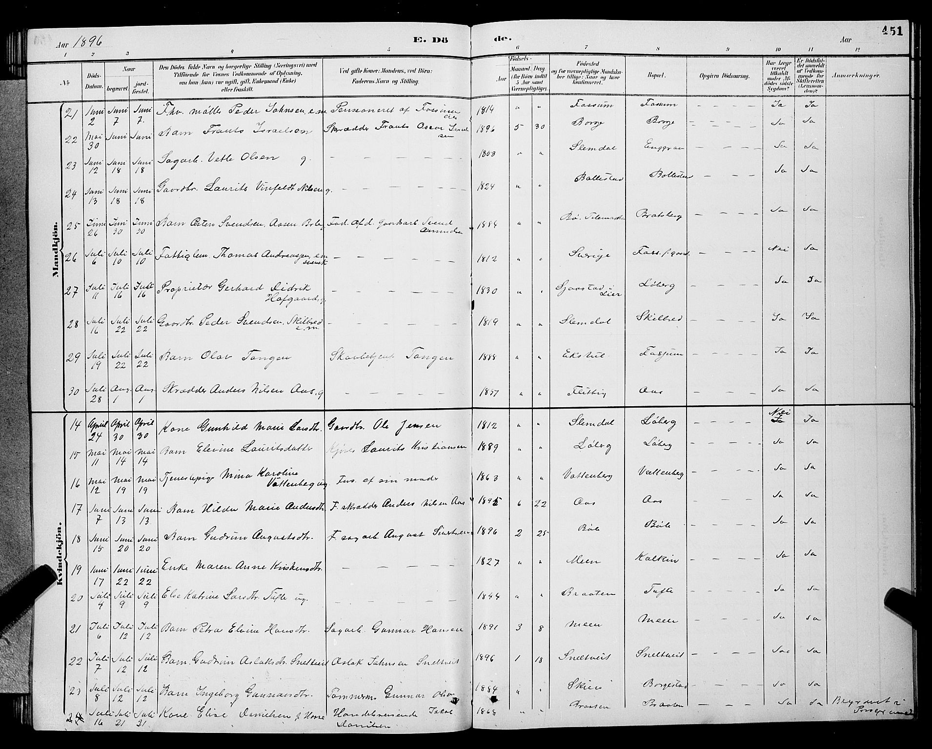 Gjerpen kirkebøker, SAKO/A-265/G/Ga/L0002: Parish register (copy) no. I 2, 1883-1900, p. 451