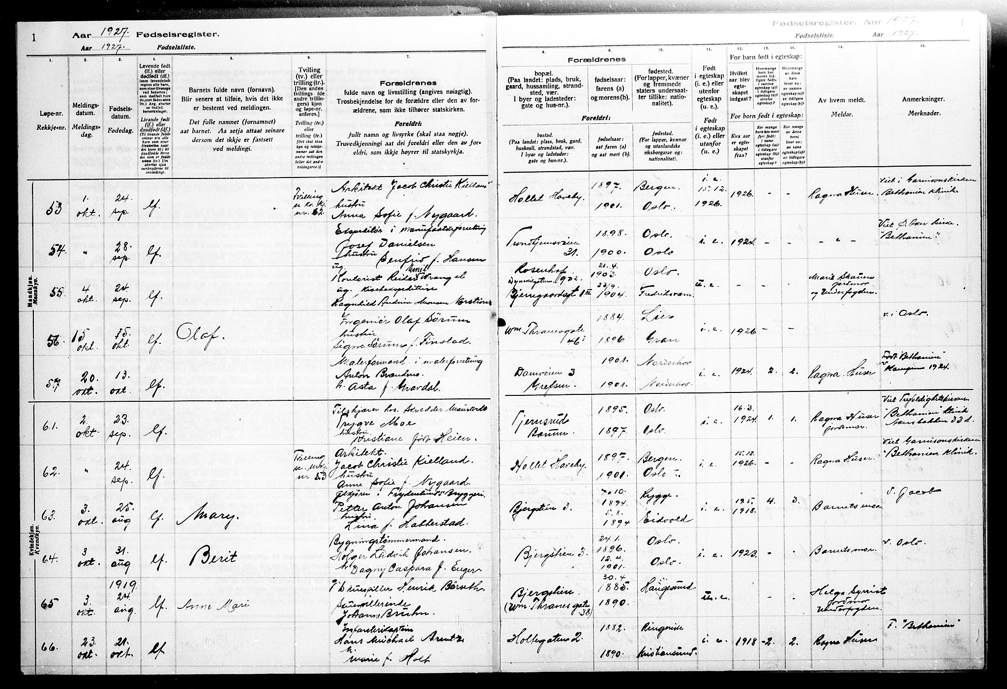 Gamle Aker prestekontor Kirkebøker, AV/SAO-A-10617a/J/L0002: Birth register no. 2, 1927-1935, p. 1