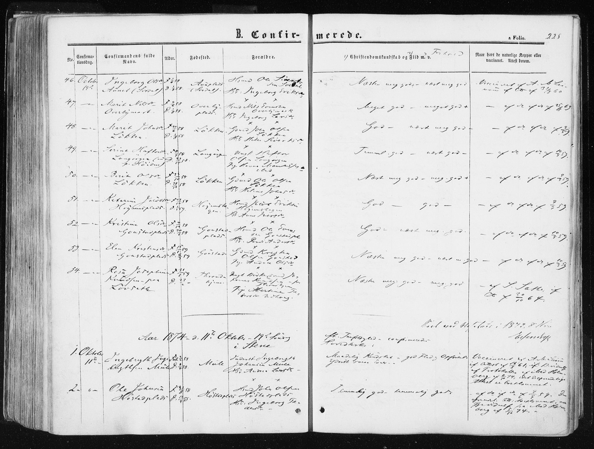 Ministerialprotokoller, klokkerbøker og fødselsregistre - Sør-Trøndelag, SAT/A-1456/612/L0377: Parish register (official) no. 612A09, 1859-1877, p. 228