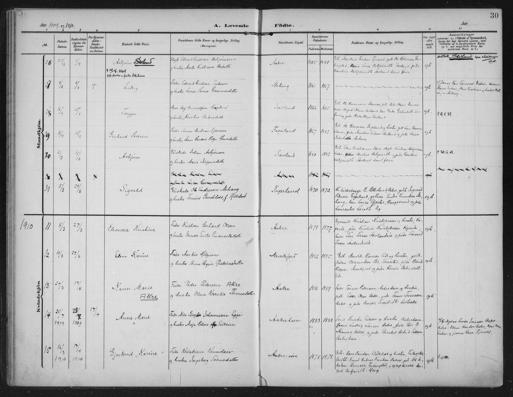 Kopervik sokneprestkontor, SAST/A-101850/H/Ha/Haa/L0005: Parish register (official) no. A 5, 1906-1924, p. 30