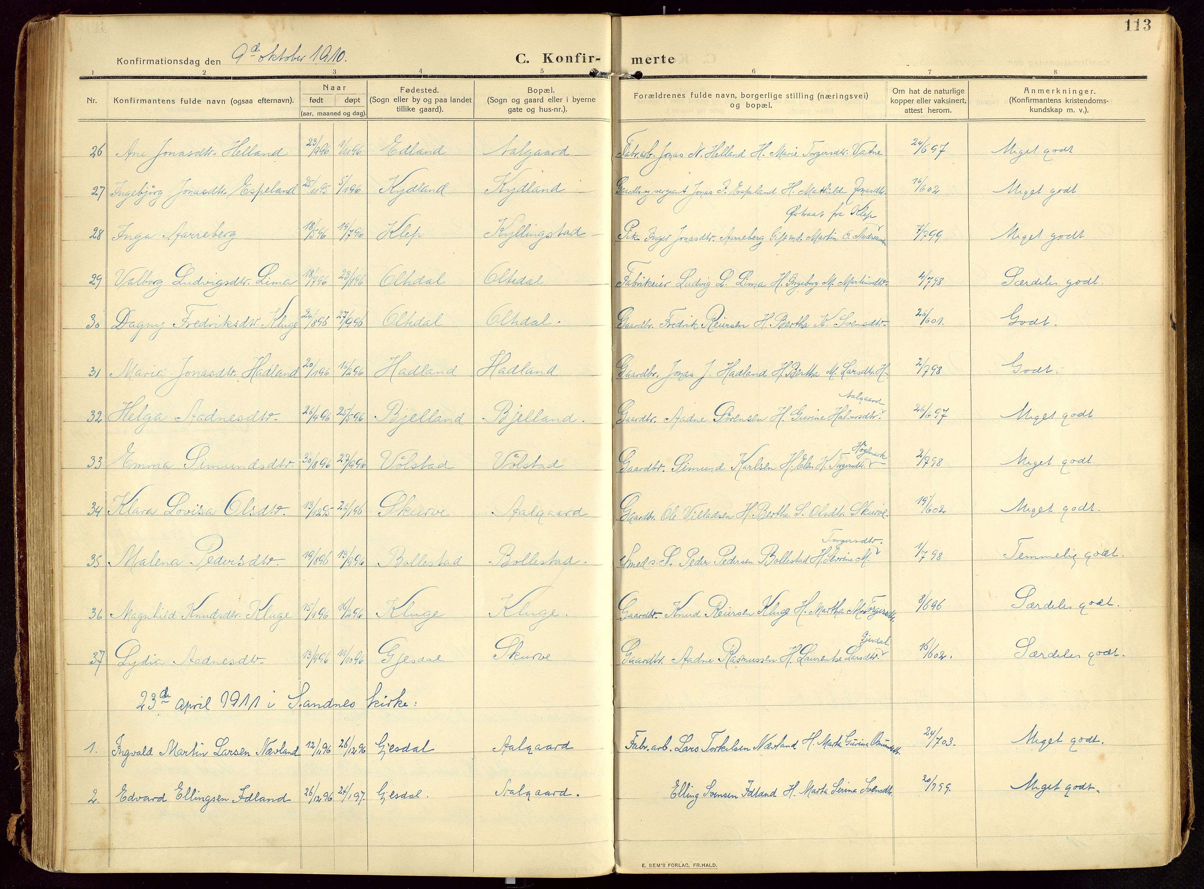 Lye sokneprestkontor, SAST/A-101794/002/B/L0001: Parish register (official) no. A 13, 1910-1925, p. 113