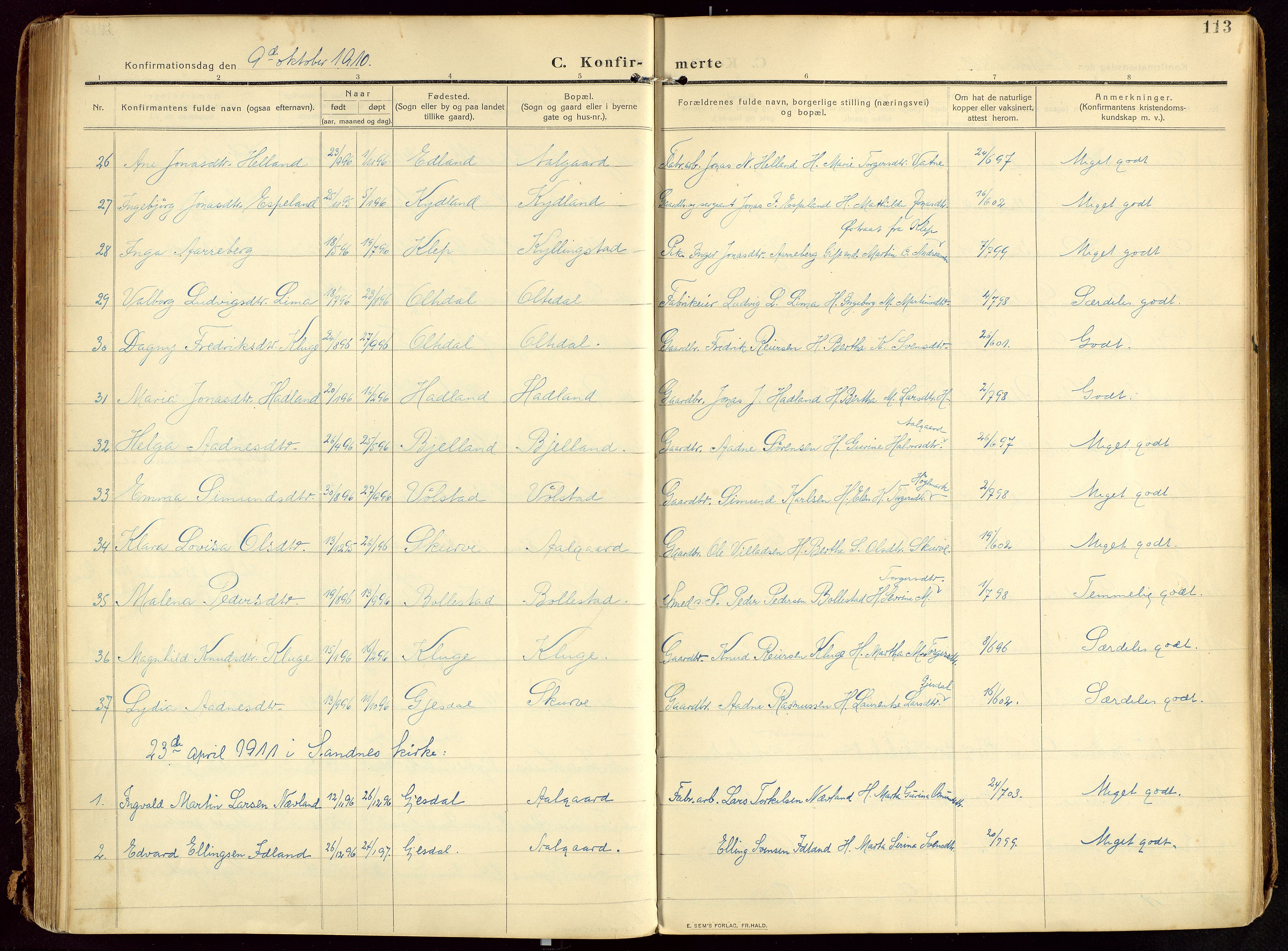 Lye sokneprestkontor, AV/SAST-A-101794/002/B/L0001: Parish register (official) no. A 13, 1910-1925, p. 113