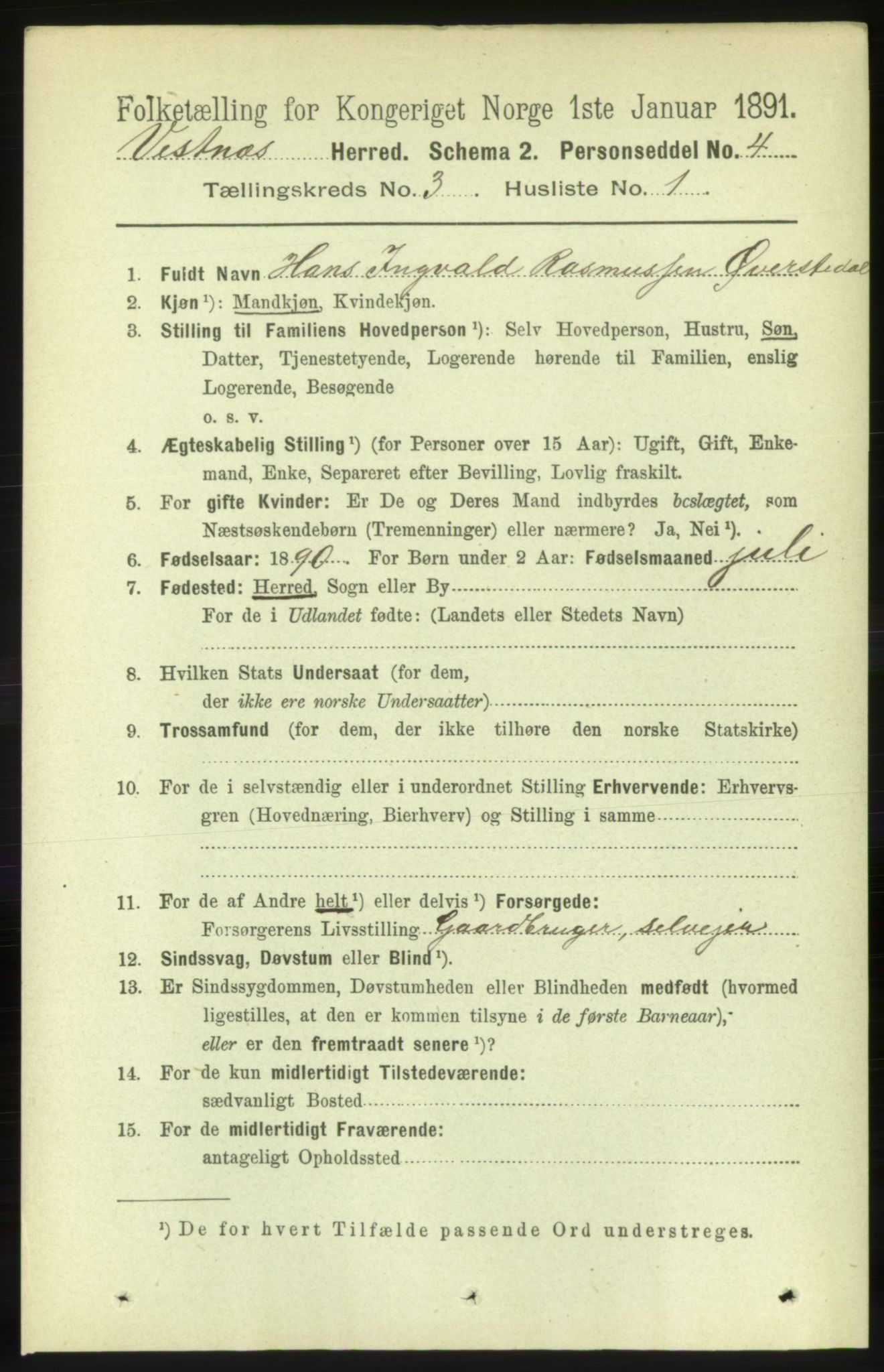 RA, 1891 census for 1535 Vestnes, 1891, p. 879