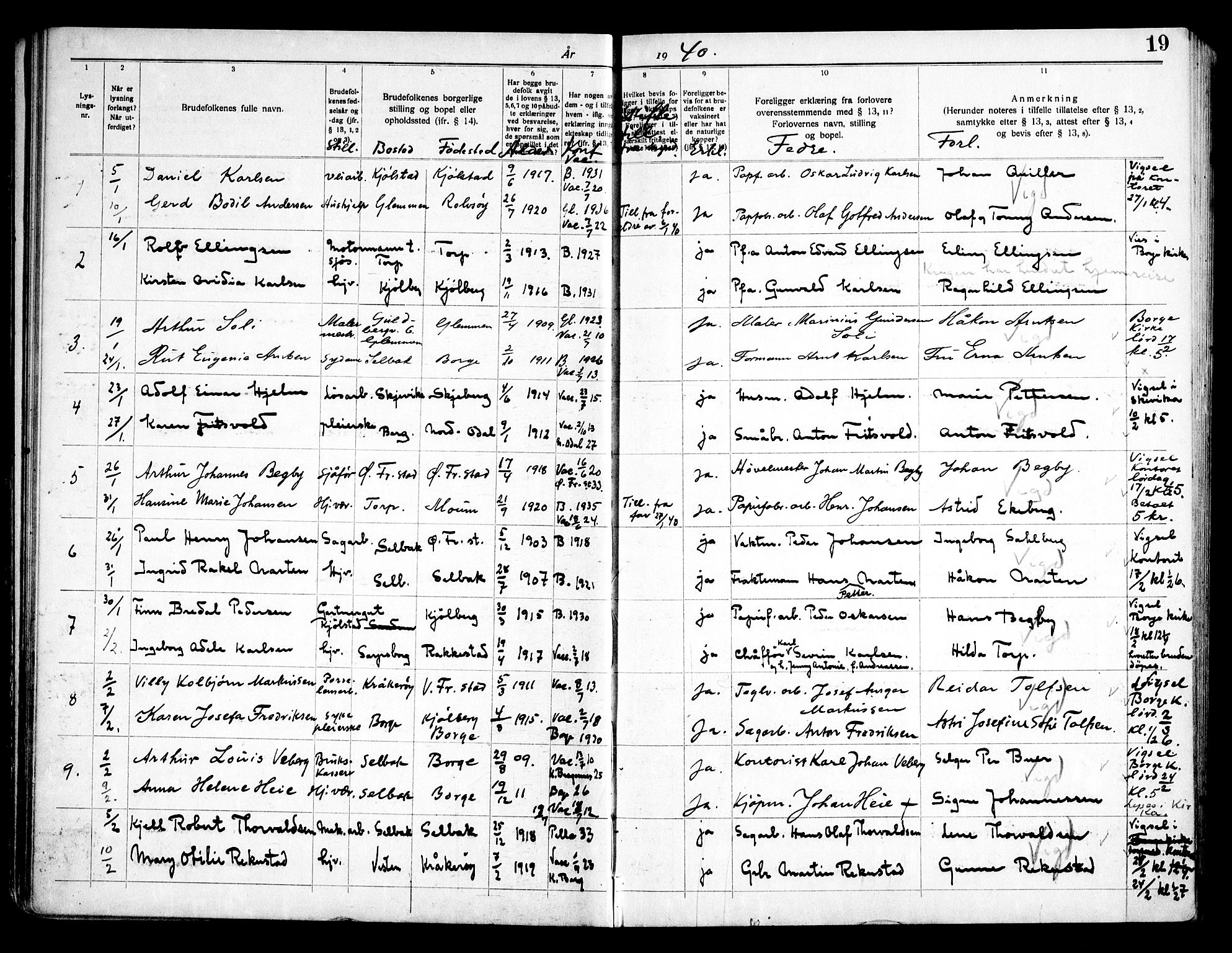 Borge prestekontor Kirkebøker, SAO/A-10903/H/Ha/L0002: Banns register no. I 2, 1937-1956, p. 19