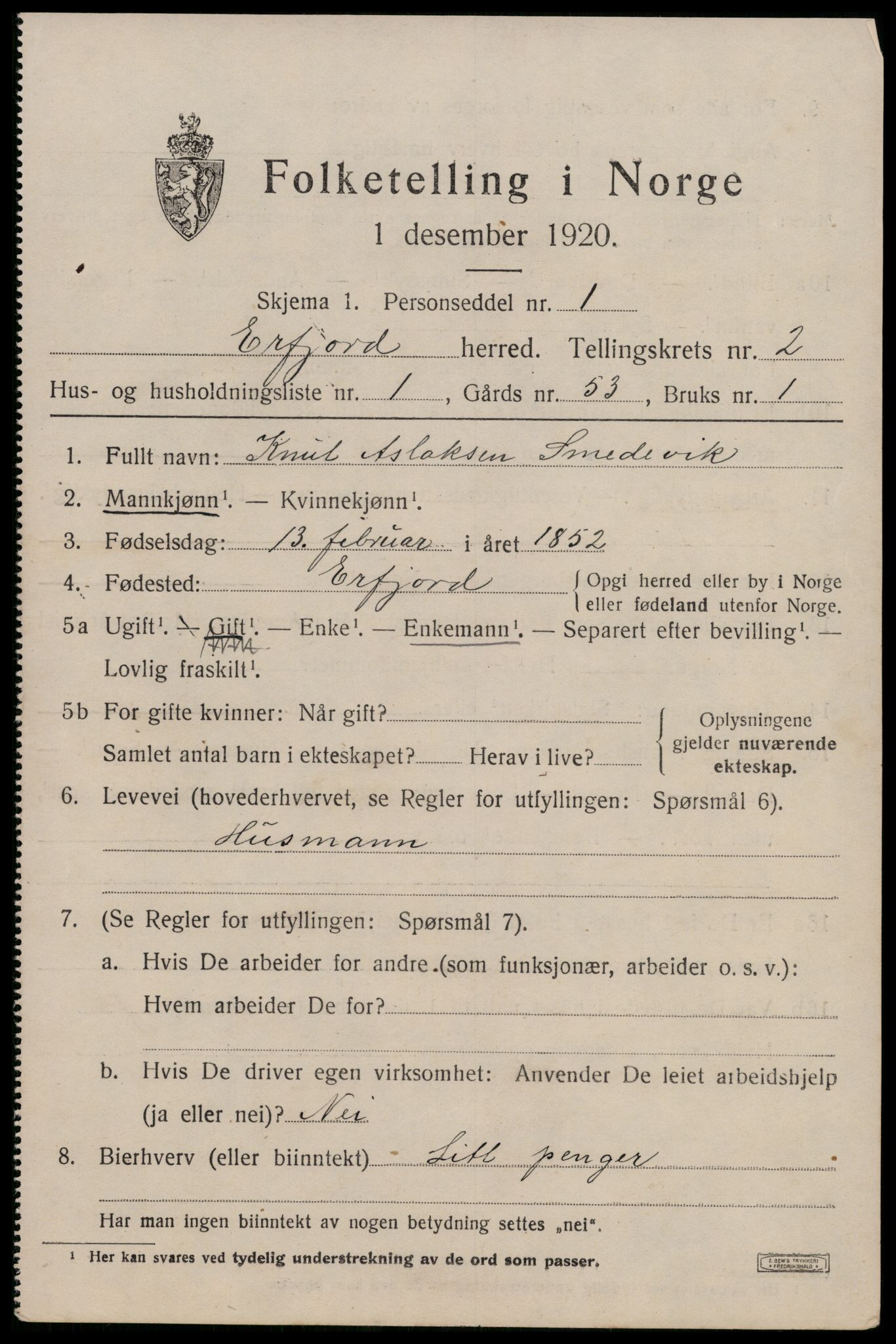 SAST, 1920 census for Erfjord, 1920, p. 639