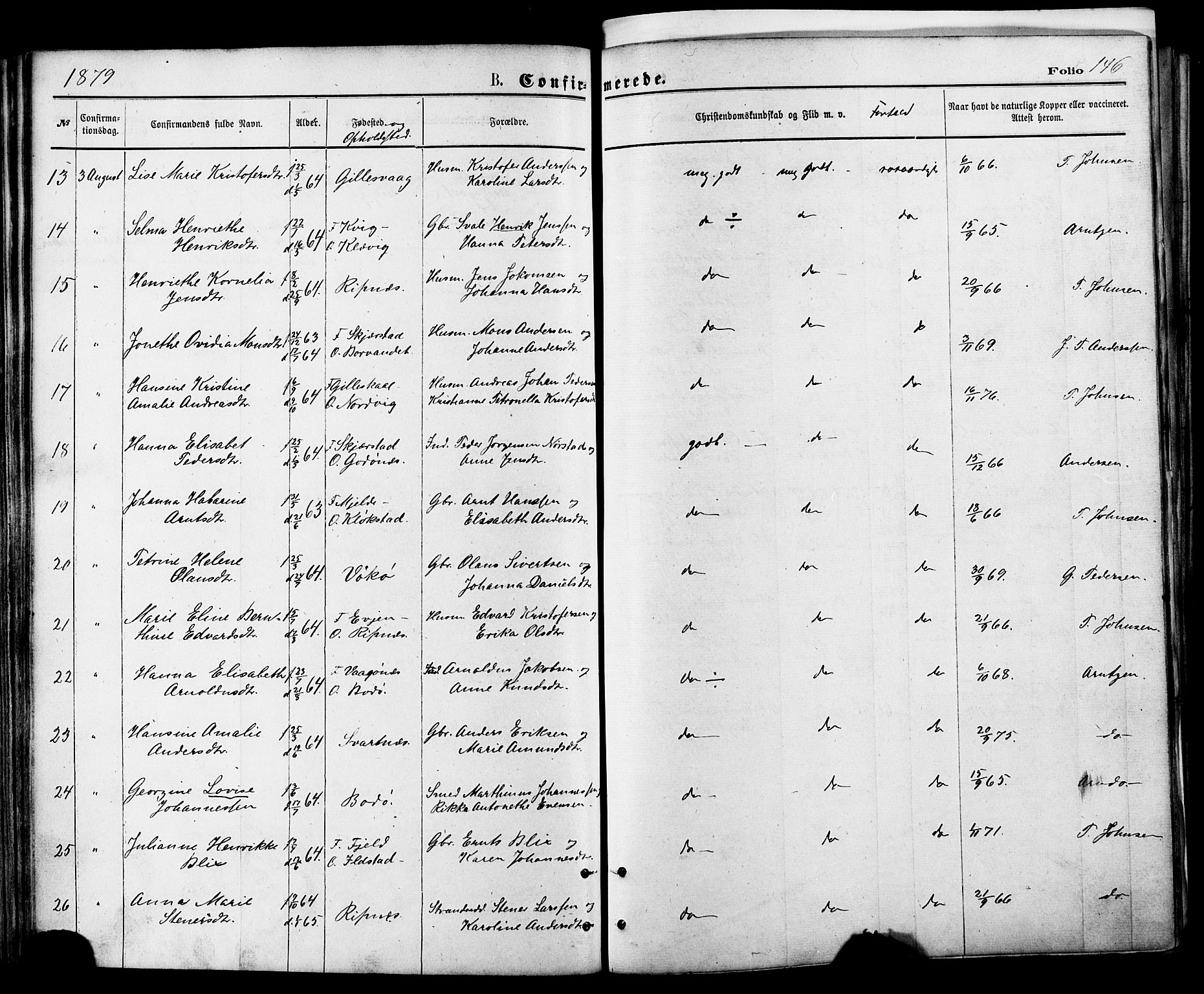 Ministerialprotokoller, klokkerbøker og fødselsregistre - Nordland, SAT/A-1459/801/L0009: Parish register (official) no. 801A09, 1876-1883, p. 146