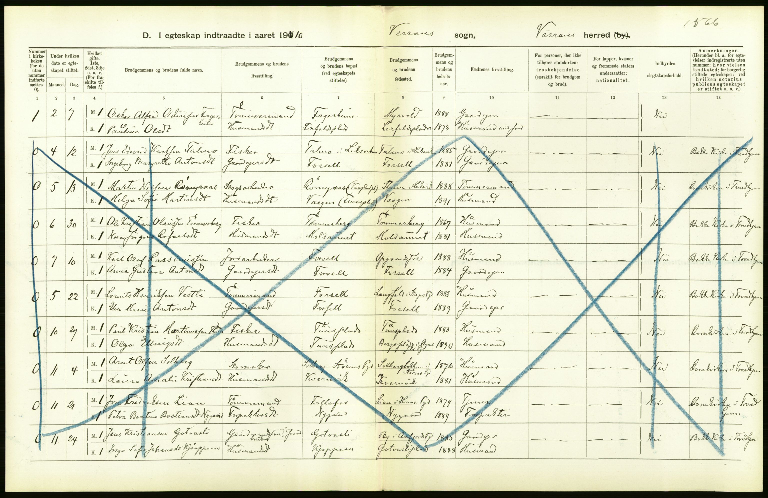 Statistisk sentralbyrå, Sosiodemografiske emner, Befolkning, AV/RA-S-2228/D/Df/Dfa/Dfah/L0039: N. Trondhjem amt: Gifte, døde, dødfødte. Bygder og byer., 1910, p. 68