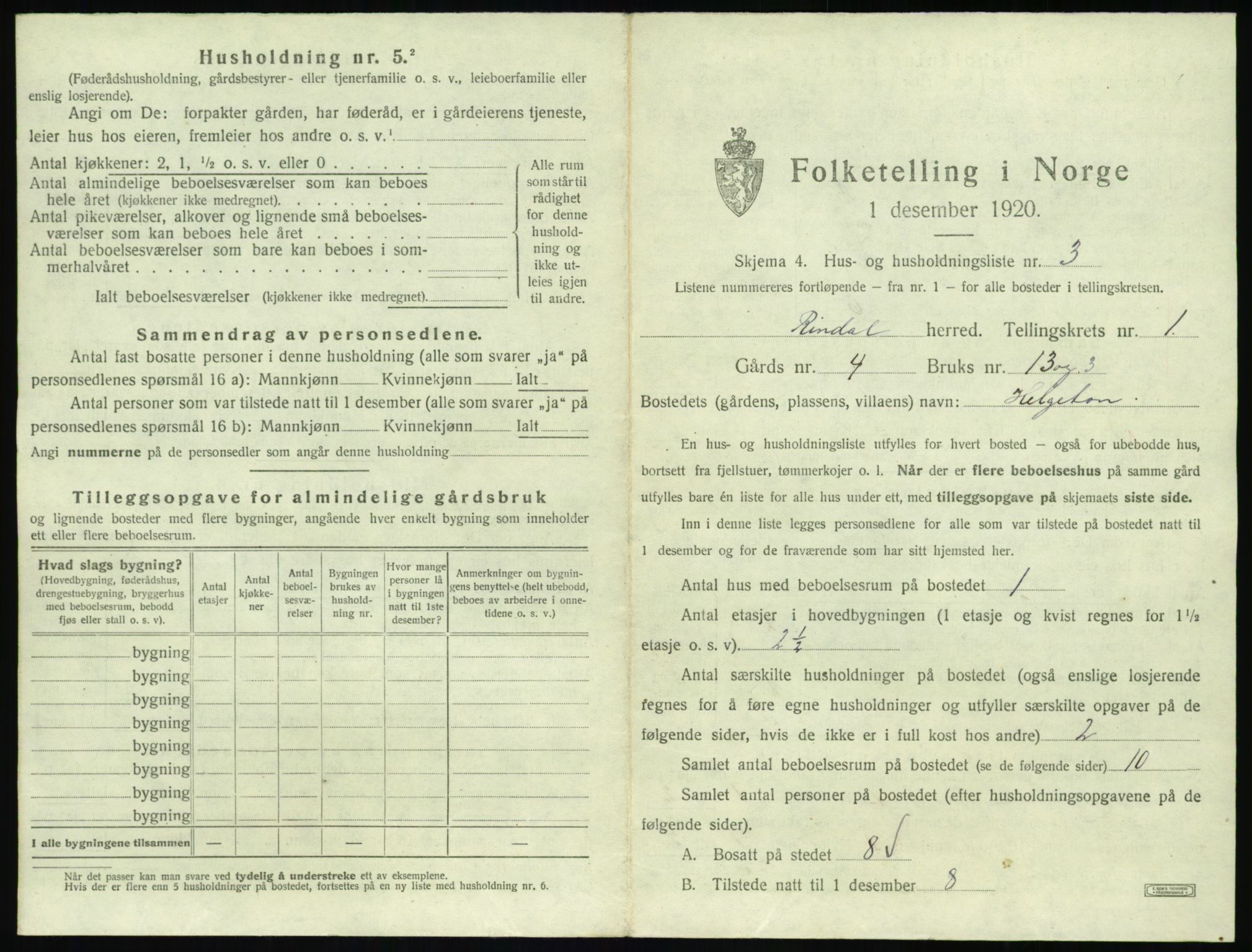 SAT, 1920 census for Rindal, 1920, p. 44