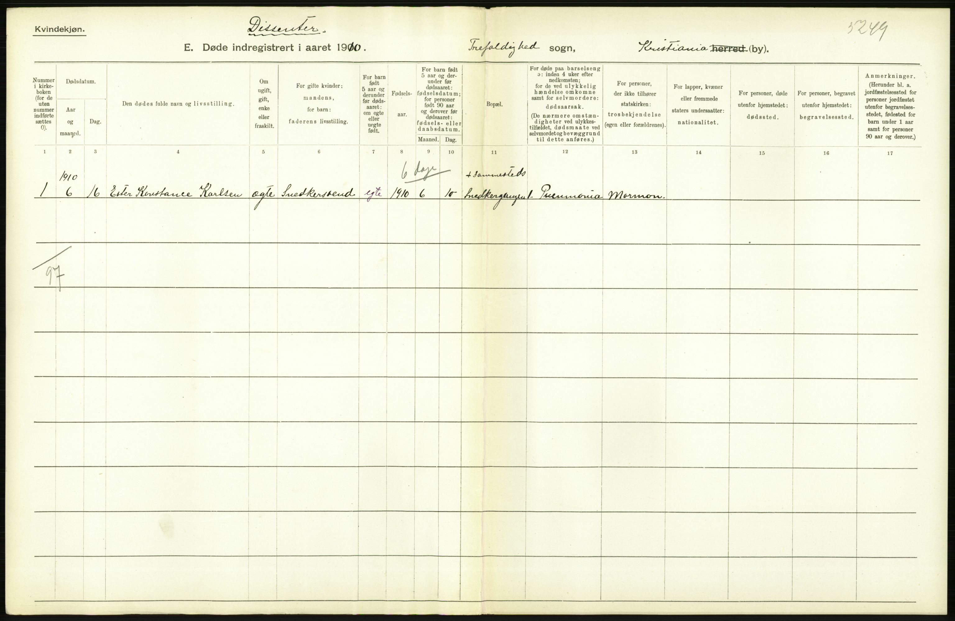 Statistisk sentralbyrå, Sosiodemografiske emner, Befolkning, RA/S-2228/D/Df/Dfa/Dfah/L0008: Kristiania: Døde, 1910, p. 374