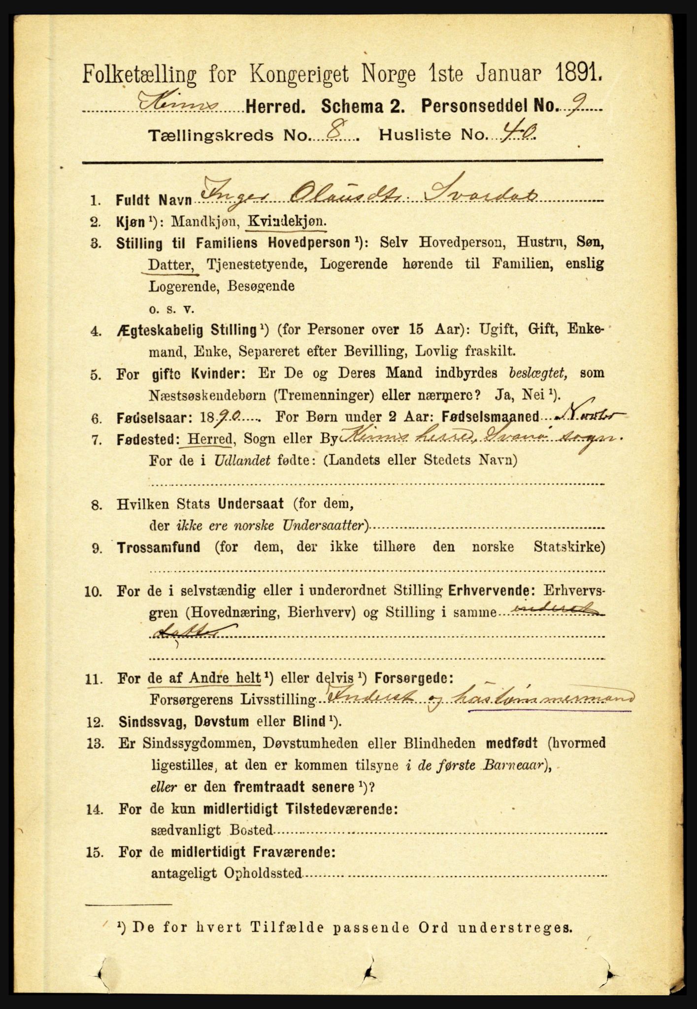 RA, 1891 census for 1437 Kinn, 1891, p. 3367