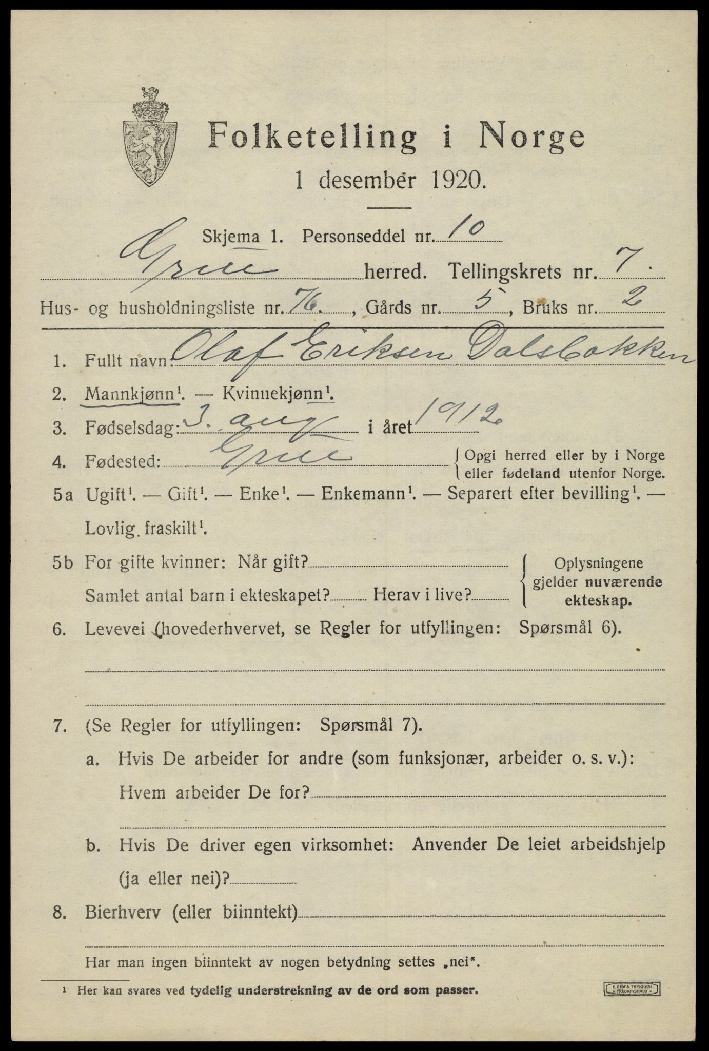 SAH, 1920 census for Grue, 1920, p. 6945