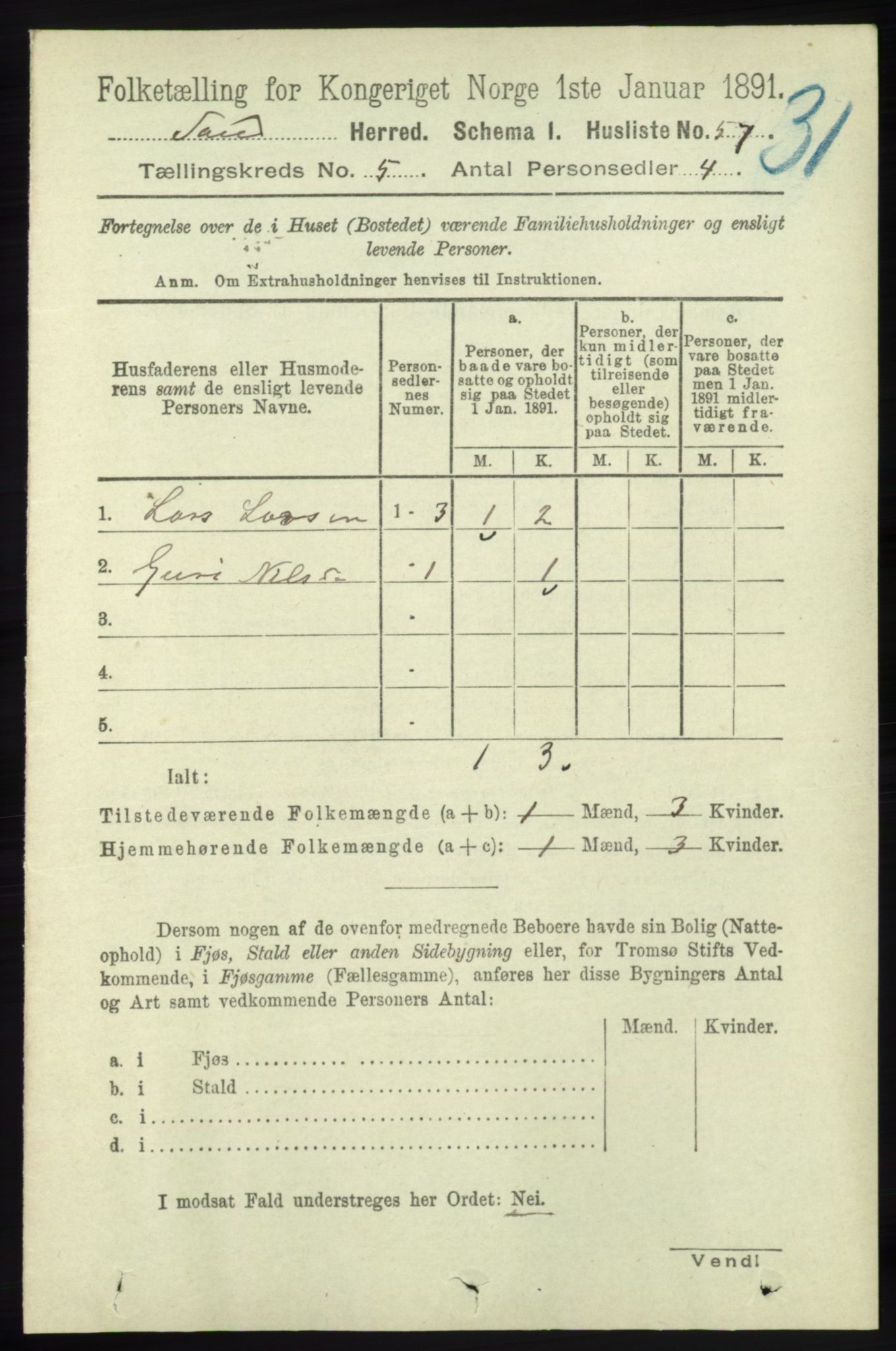 RA, 1891 census for 1136 Sand, 1891, p. 1541