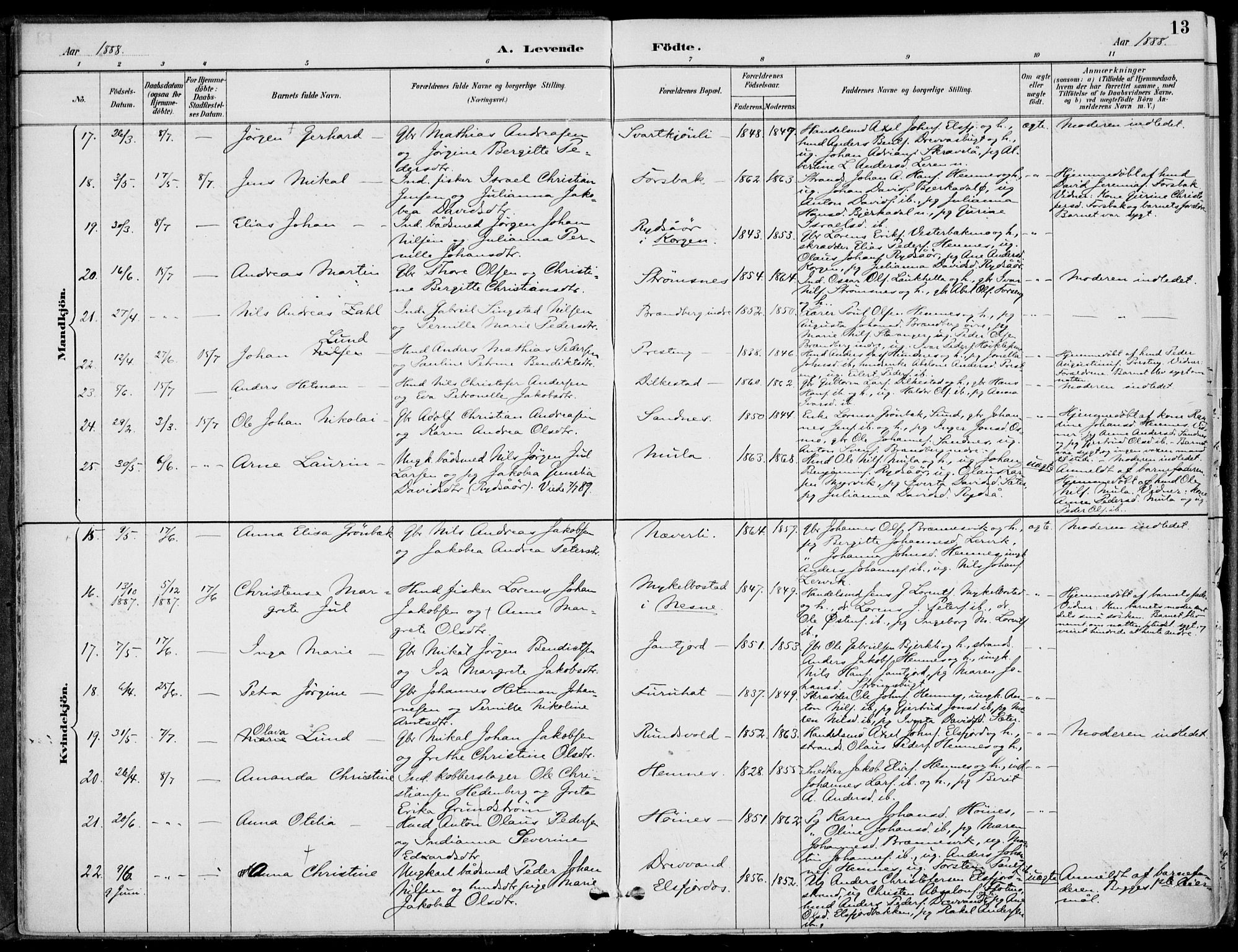 Ministerialprotokoller, klokkerbøker og fødselsregistre - Nordland, AV/SAT-A-1459/825/L0362: Parish register (official) no. 825A16, 1886-1908, p. 13