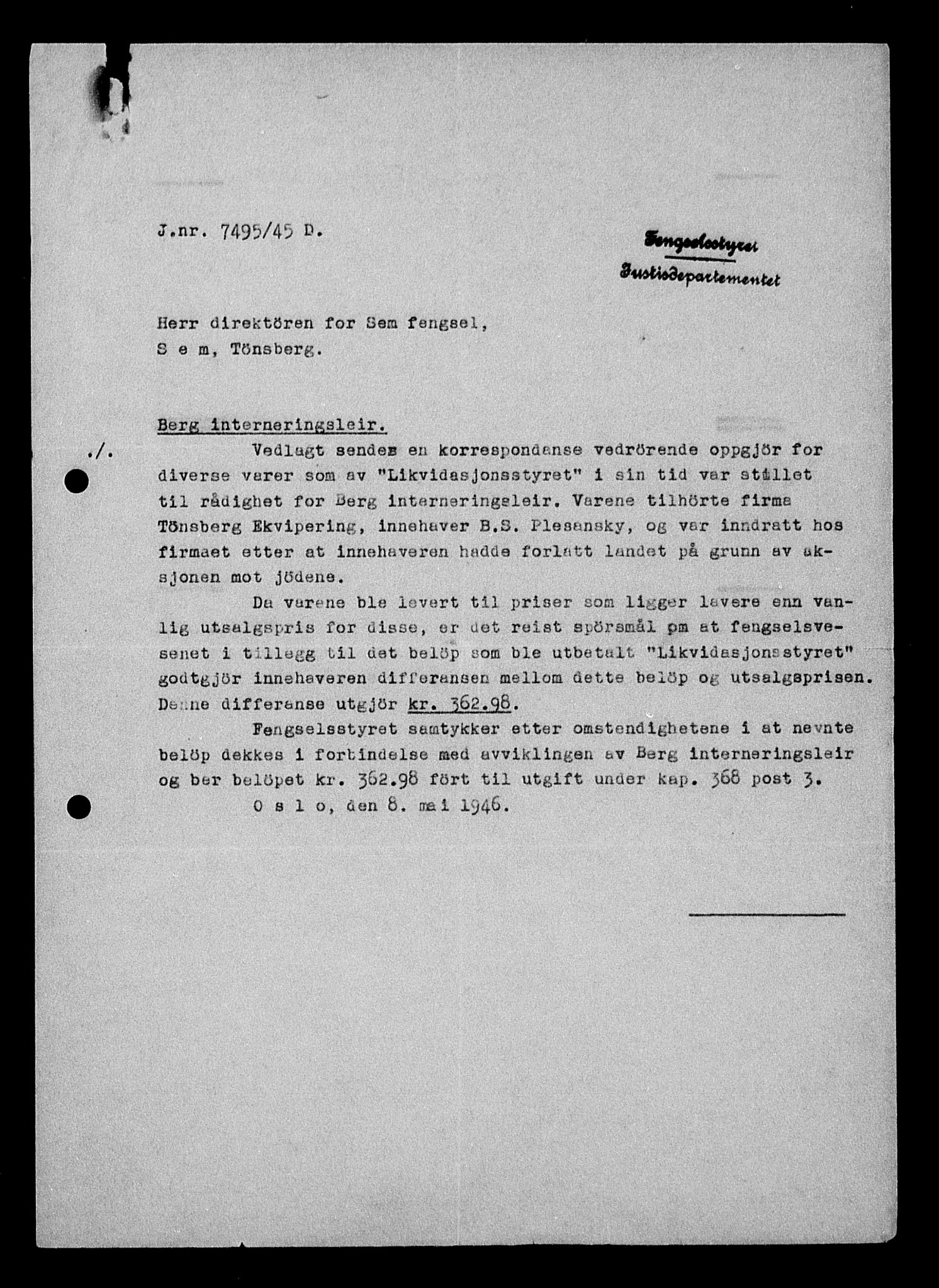 Justisdepartementet, Tilbakeføringskontoret for inndratte formuer, AV/RA-S-1564/H/Hc/Hcd/L1004: --, 1945-1947, p. 56