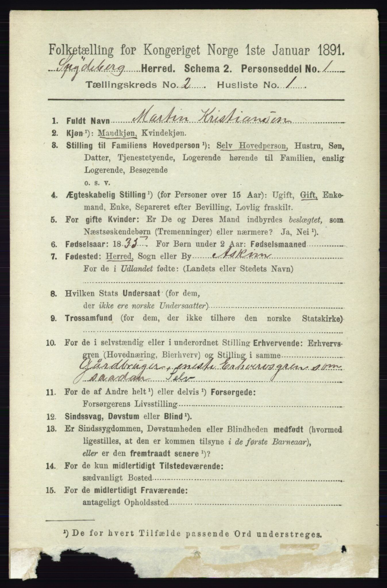 RA, 1891 census for 0123 Spydeberg, 1891, p. 696