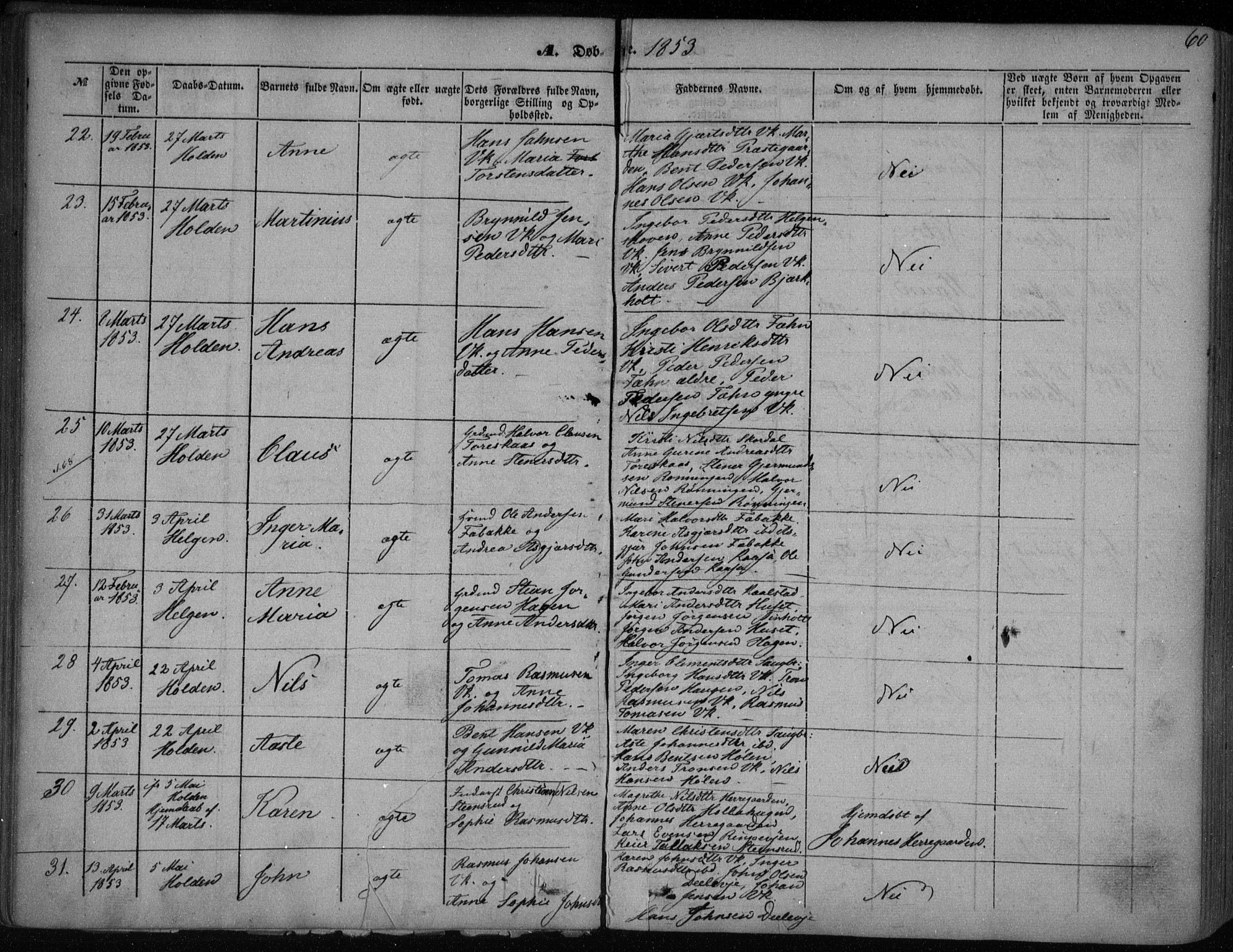Holla kirkebøker, SAKO/A-272/F/Fa/L0005: Parish register (official) no. 5, 1849-1860, p. 60