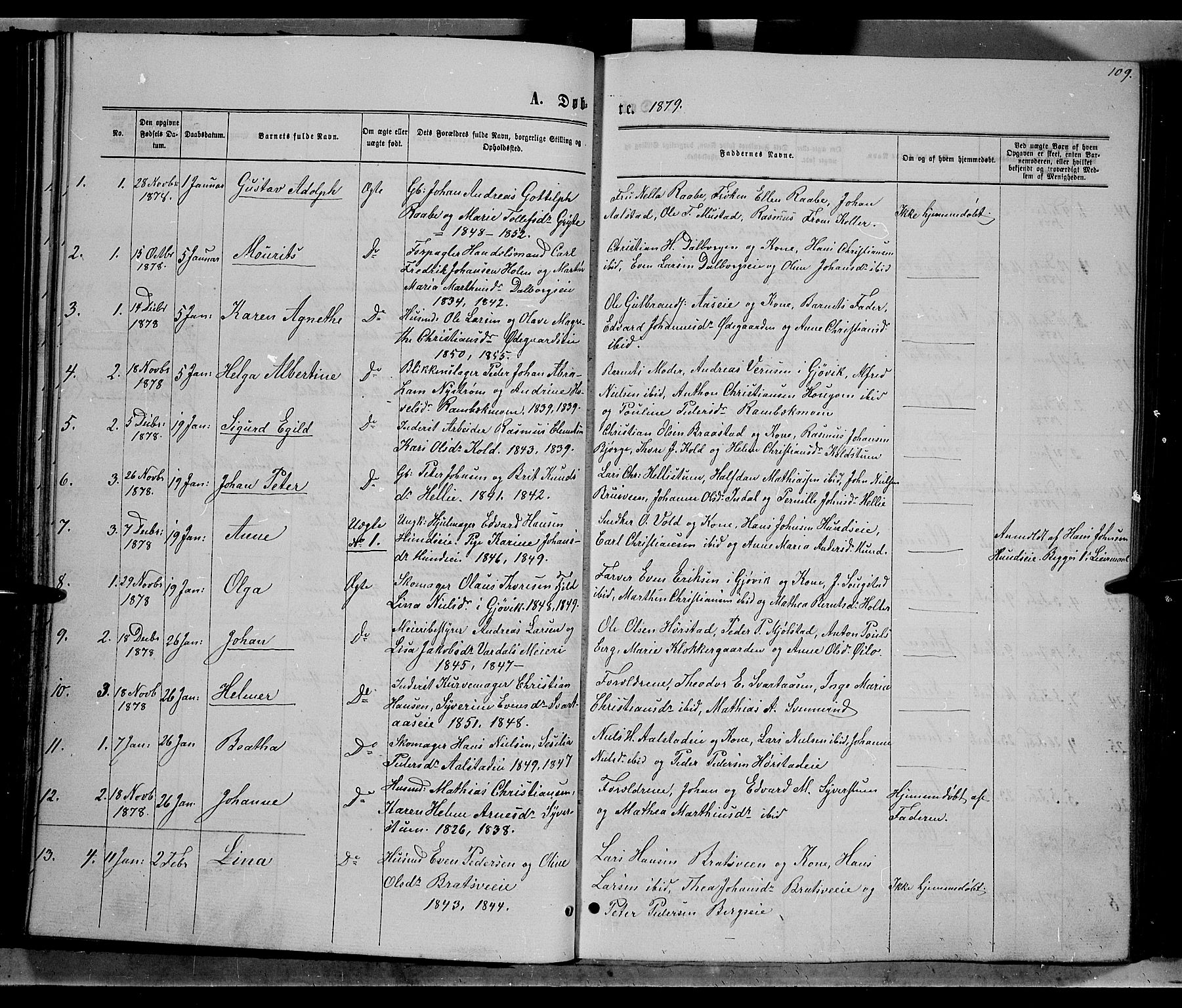 Vardal prestekontor, SAH/PREST-100/H/Ha/Hab/L0006: Parish register (copy) no. 6, 1869-1881, p. 109