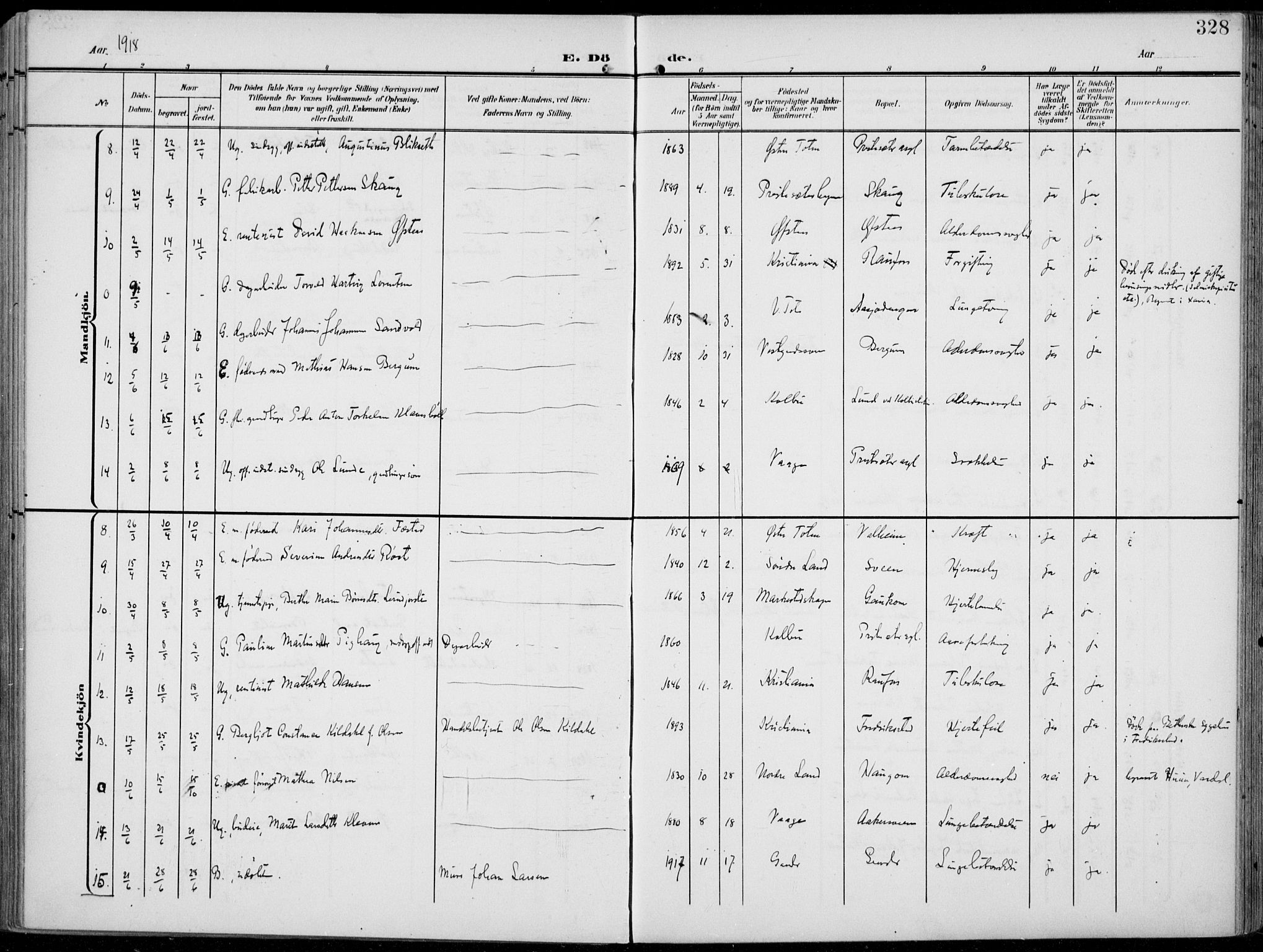 Vestre Toten prestekontor, AV/SAH-PREST-108/H/Ha/Haa/L0014: Parish register (official) no. 14, 1907-1920, p. 328