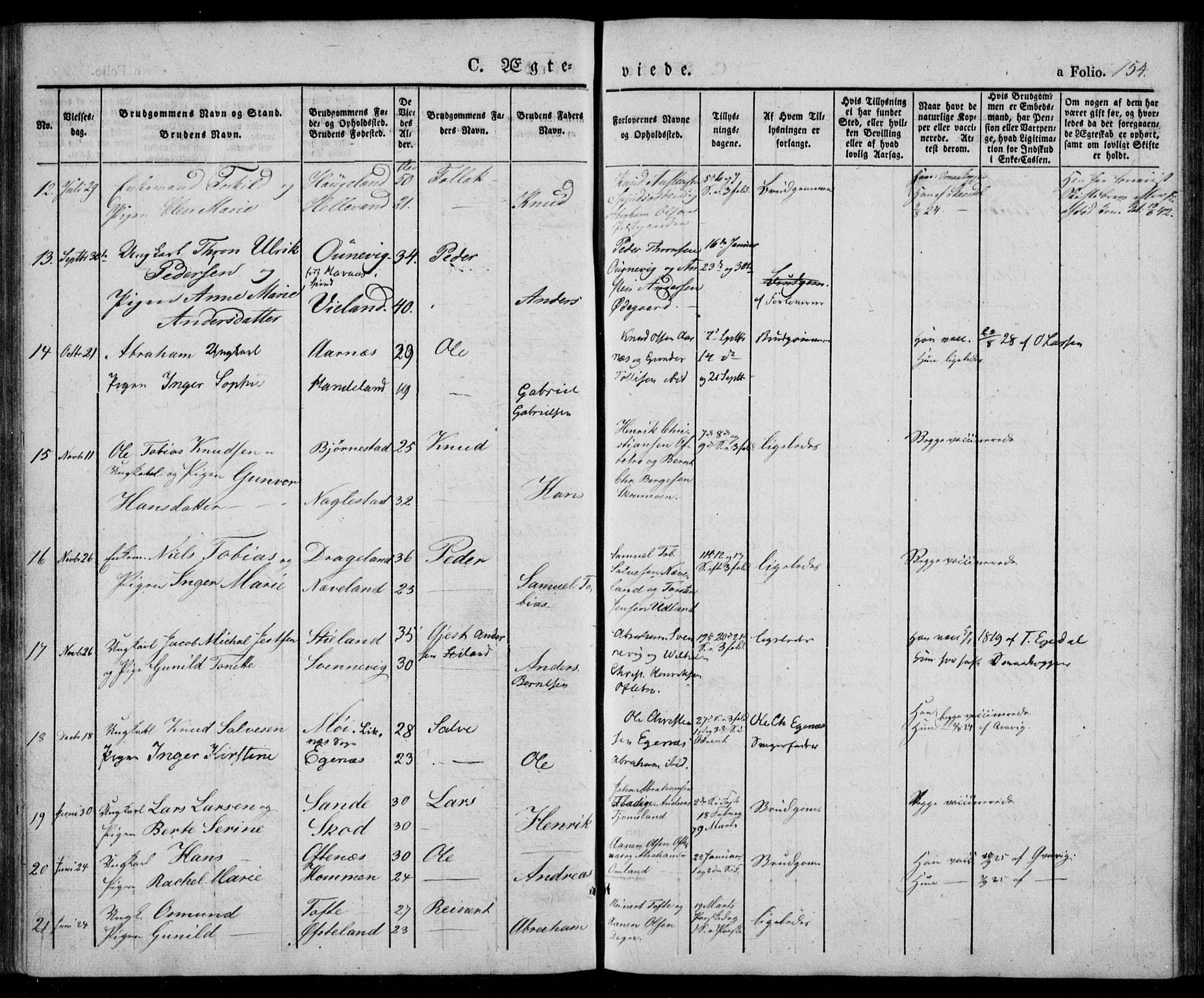 Lyngdal sokneprestkontor, AV/SAK-1111-0029/F/Fa/Fac/L0008: Parish register (official) no. A 8, 1837-1852, p. 154