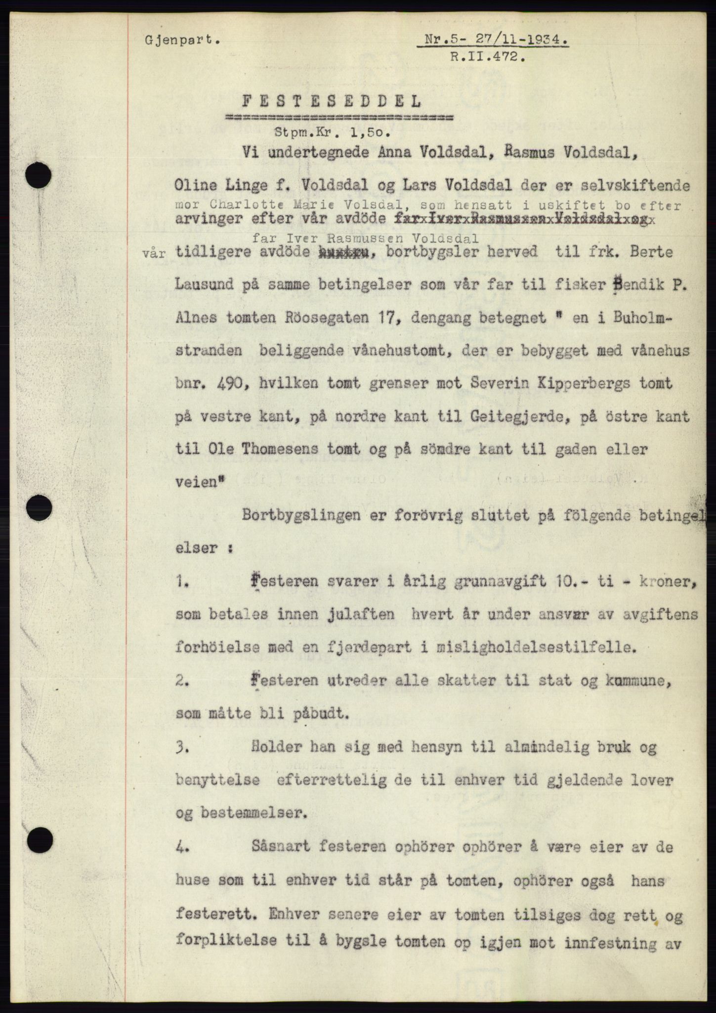 Ålesund byfogd, AV/SAT-A-4384: Mortgage book no. 32, 1934-1935, Deed date: 27.11.1934