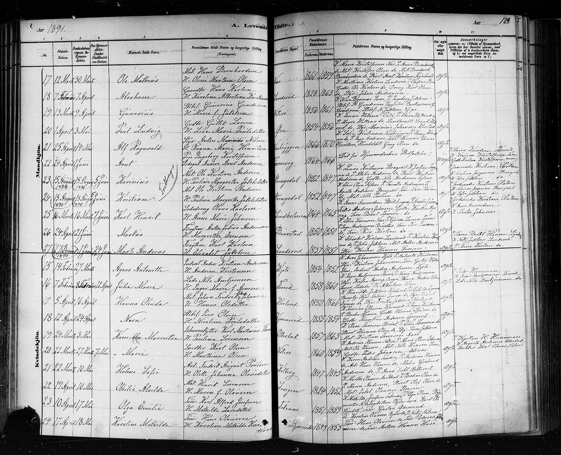 Nøtterøy kirkebøker, AV/SAKO-A-354/F/Fa/L0008: Parish register (official) no. I 8, 1878-1893, p. 128