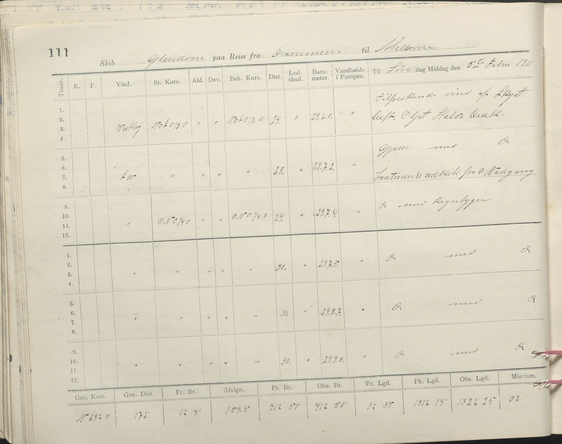 , PA-1348 Mathiesen, Erik Martinius; logbok Glendoon 1910-1911, 1910-1911, p. 111