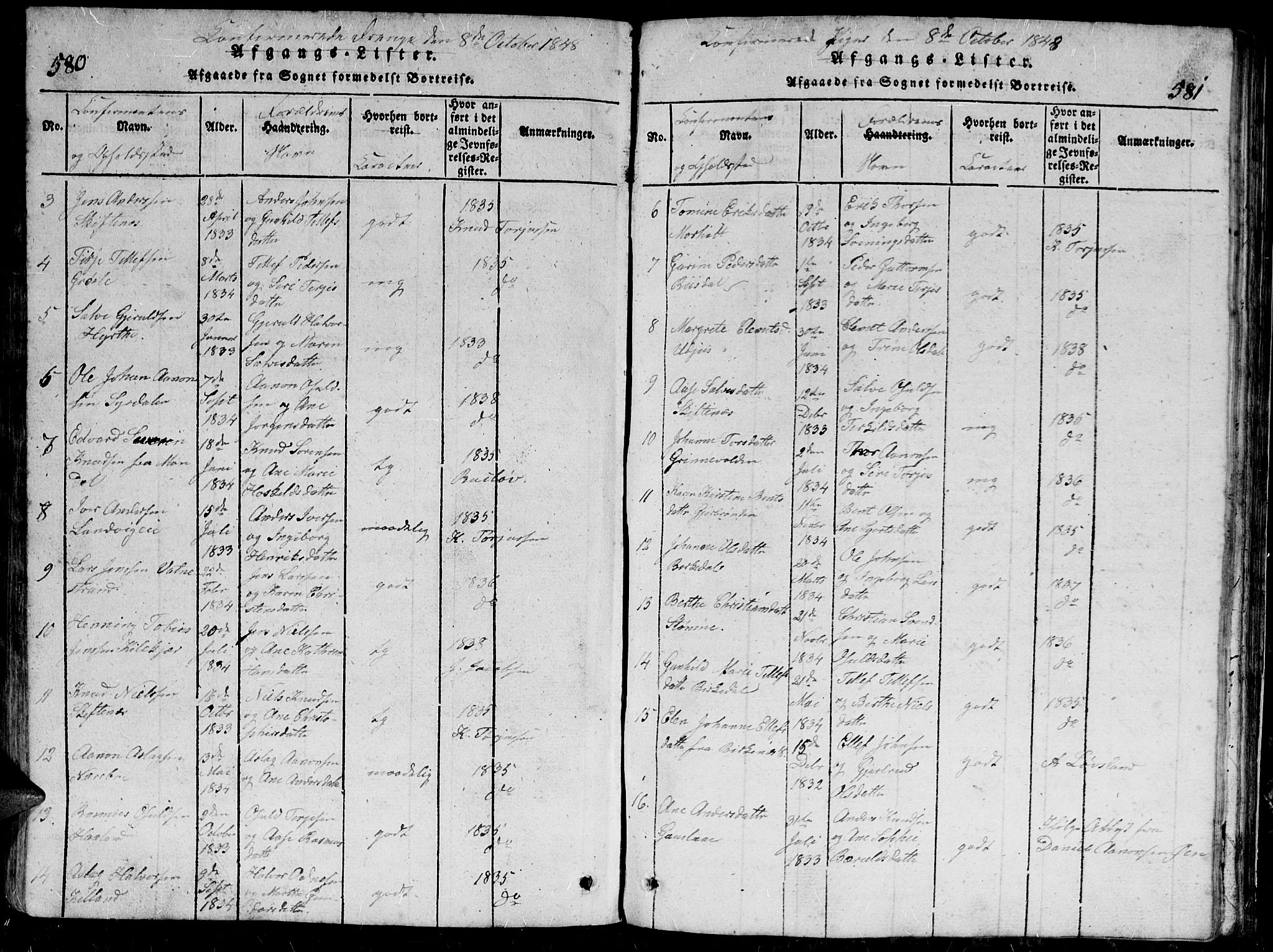 Hommedal sokneprestkontor, SAK/1111-0023/F/Fb/Fbb/L0003: Parish register (copy) no. B 3 /1, 1816-1850, p. 580-581