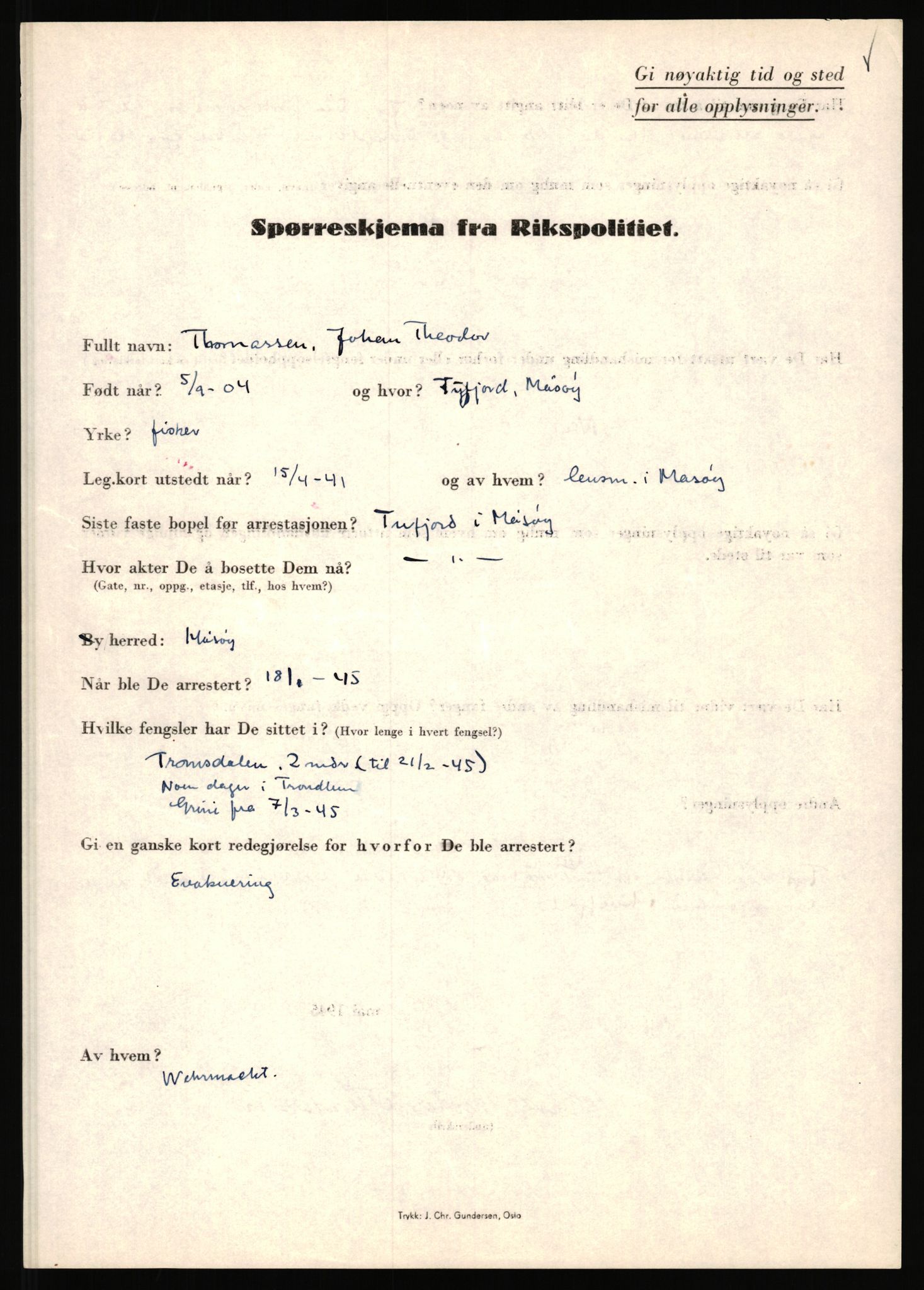 Rikspolitisjefen, AV/RA-S-1560/L/L0017: Tidemann, Hermann G. - Veum, Tjostolv, 1940-1945, p. 125