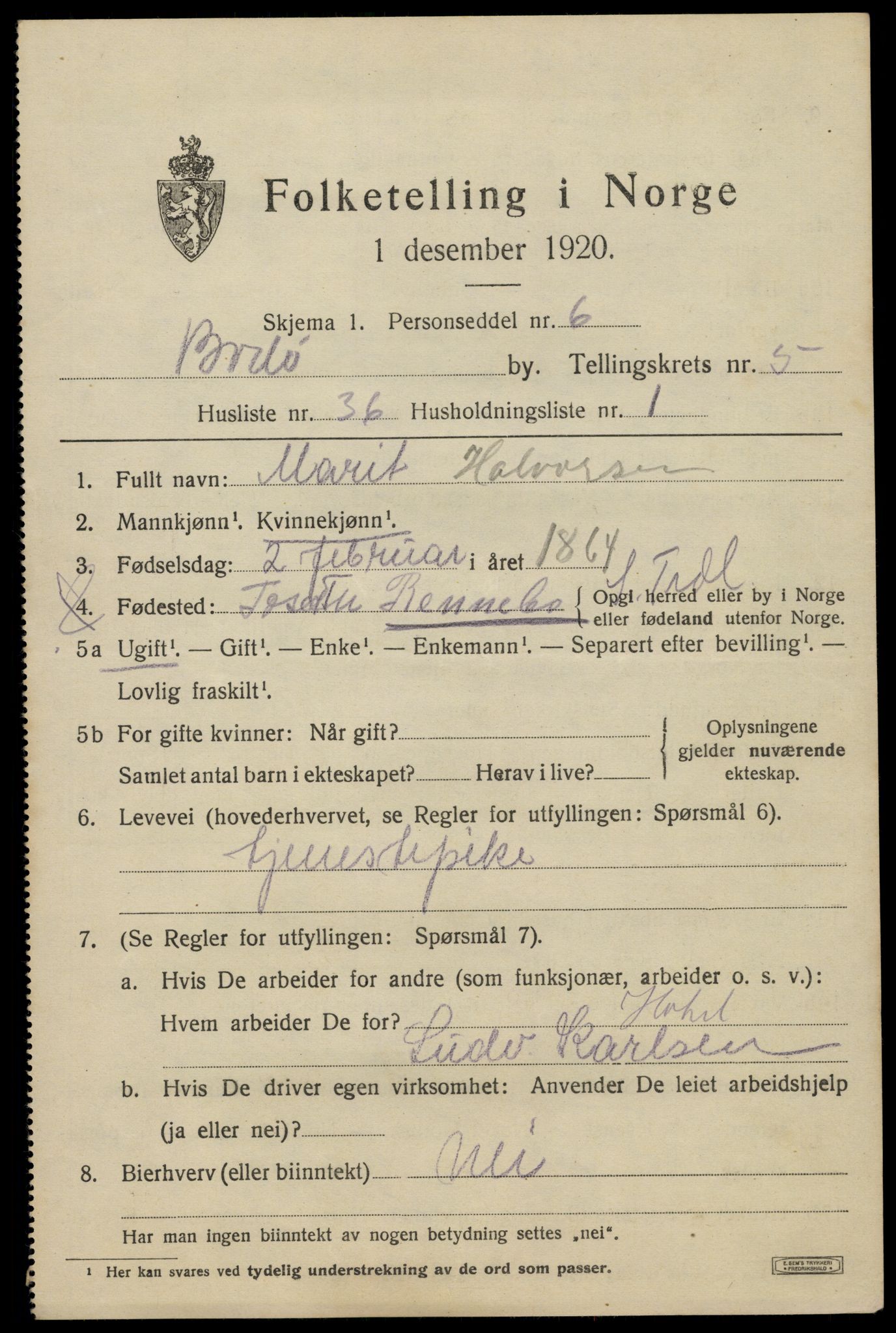 SAT, 1920 census for Bodø, 1920, p. 9295