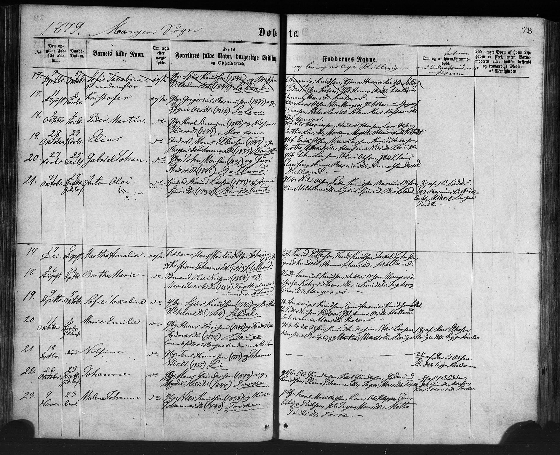 Manger sokneprestembete, SAB/A-76801/H/Haa: Parish register (official) no. A 8, 1871-1880, p. 73