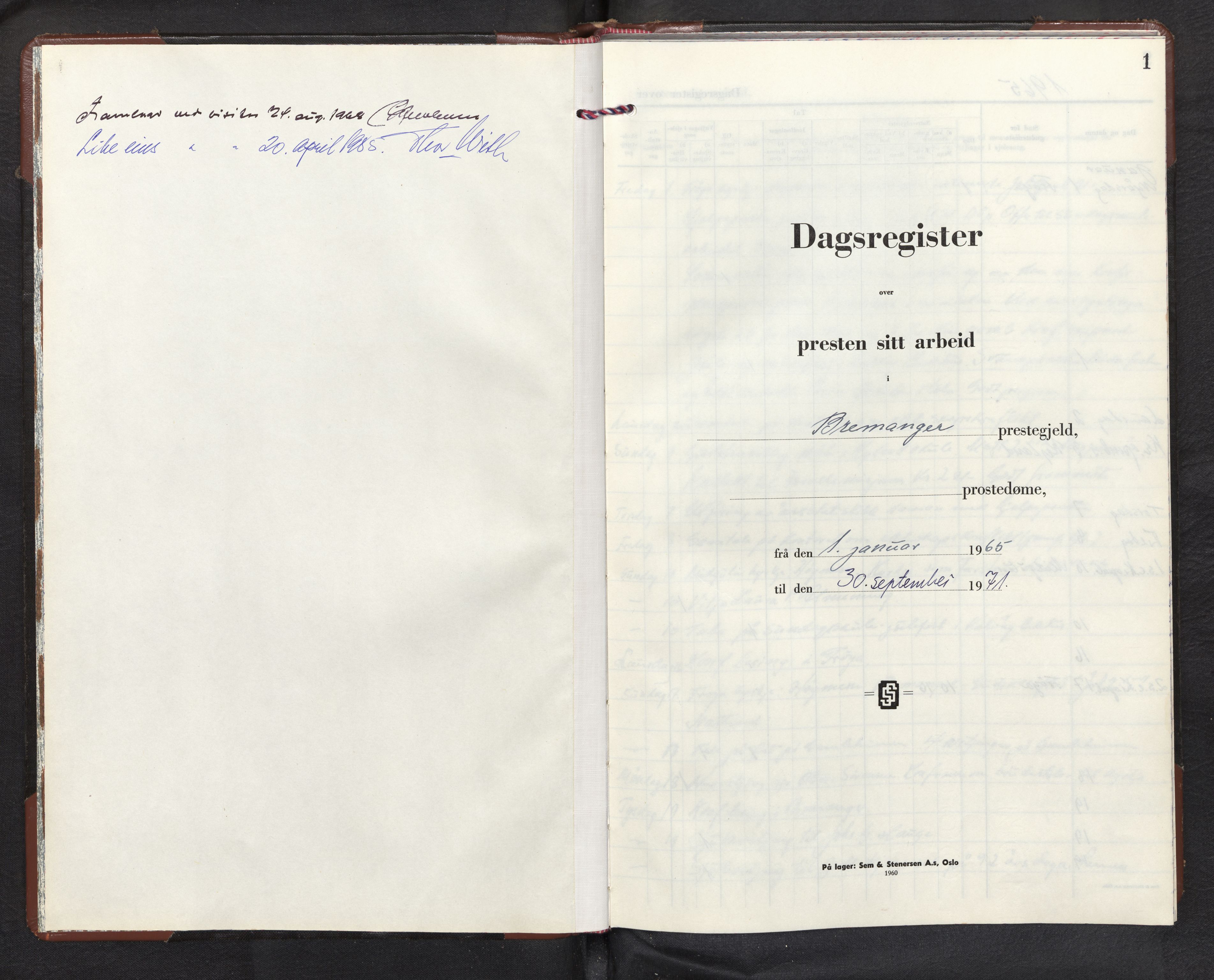 Bremanger sokneprestembete, AV/SAB-A-82201/H/Haa/Haad/L0003: Diary records no. D 3, 1965-1971, p. 0b-1a