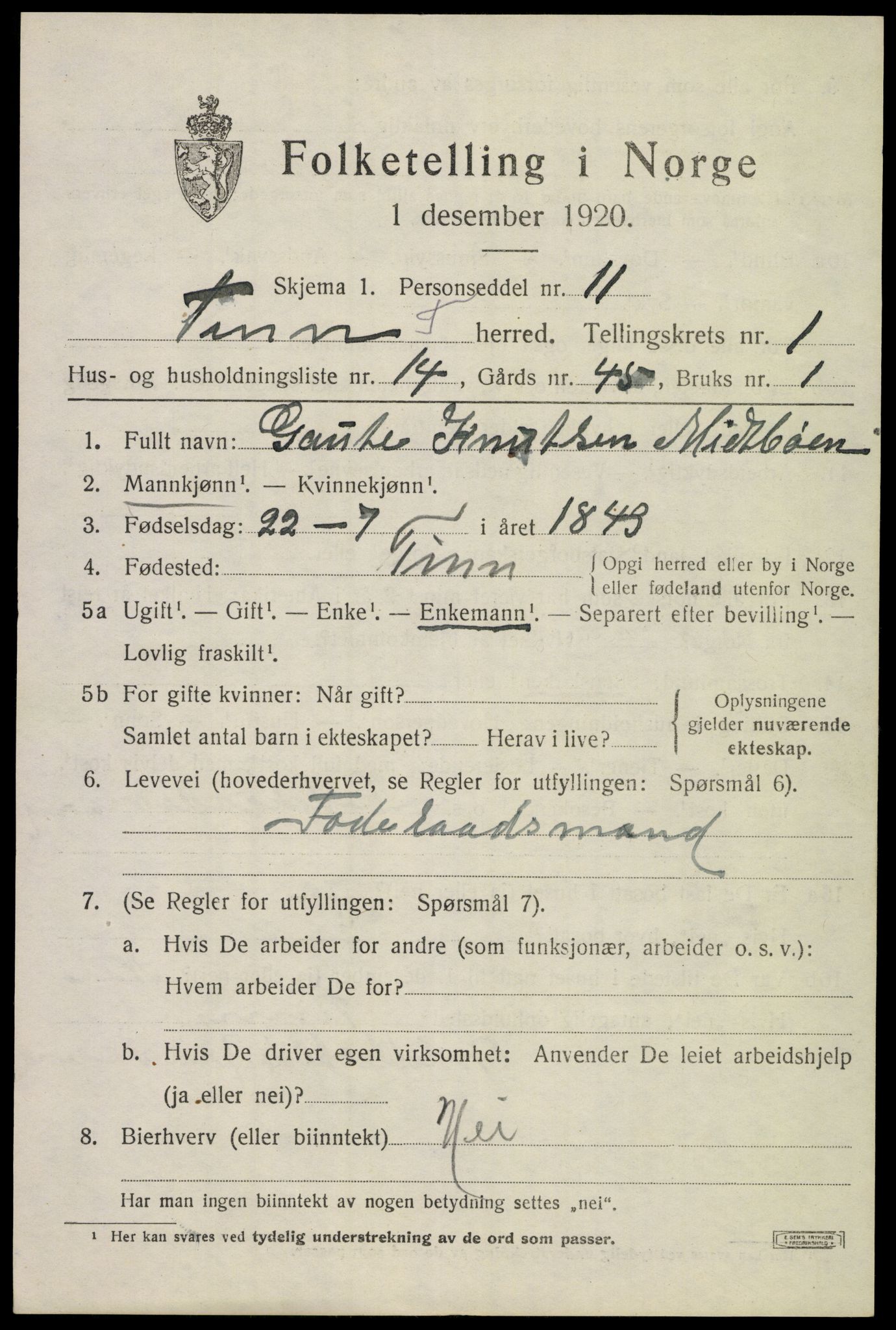 SAKO, 1920 census for Tinn, 1920, p. 2880