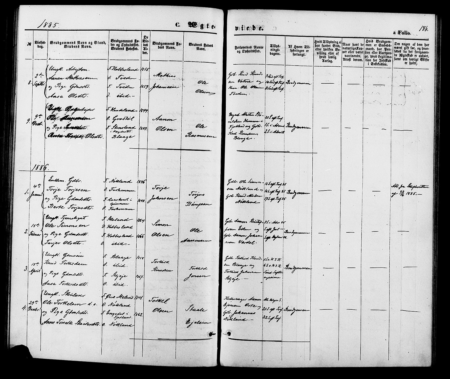 Hægebostad sokneprestkontor, AV/SAK-1111-0024/F/Fa/Fab/L0003: Parish register (official) no. A 3, 1872-1886, p. 186