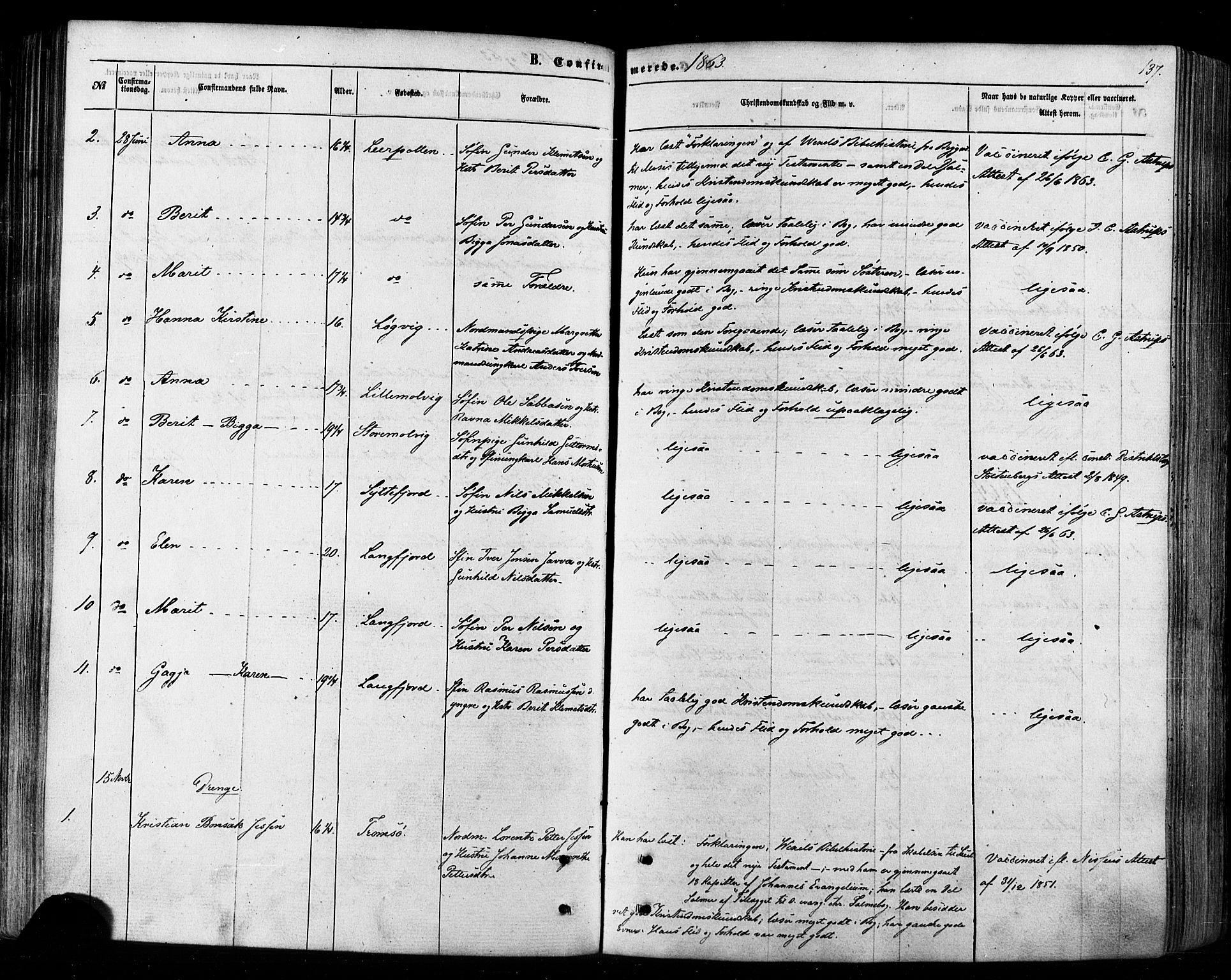 Tana sokneprestkontor, AV/SATØ-S-1334/H/Ha/L0002kirke: Parish register (official) no. 2 /1, 1861-1877, p. 137