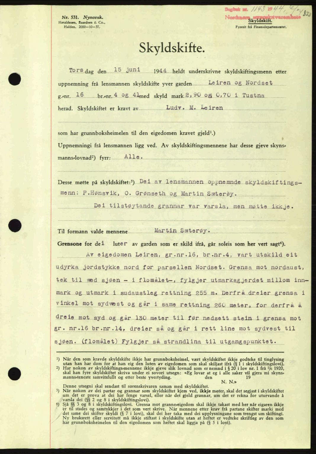 Nordmøre sorenskriveri, AV/SAT-A-4132/1/2/2Ca: Mortgage book no. A97, 1944-1944, Diary no: : 1143/1944