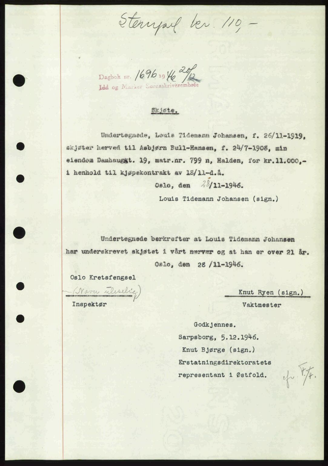 Idd og Marker sorenskriveri, AV/SAO-A-10283/G/Gb/Gbb/L0009: Mortgage book no. A9, 1946-1947, Diary no: : 1696/1946