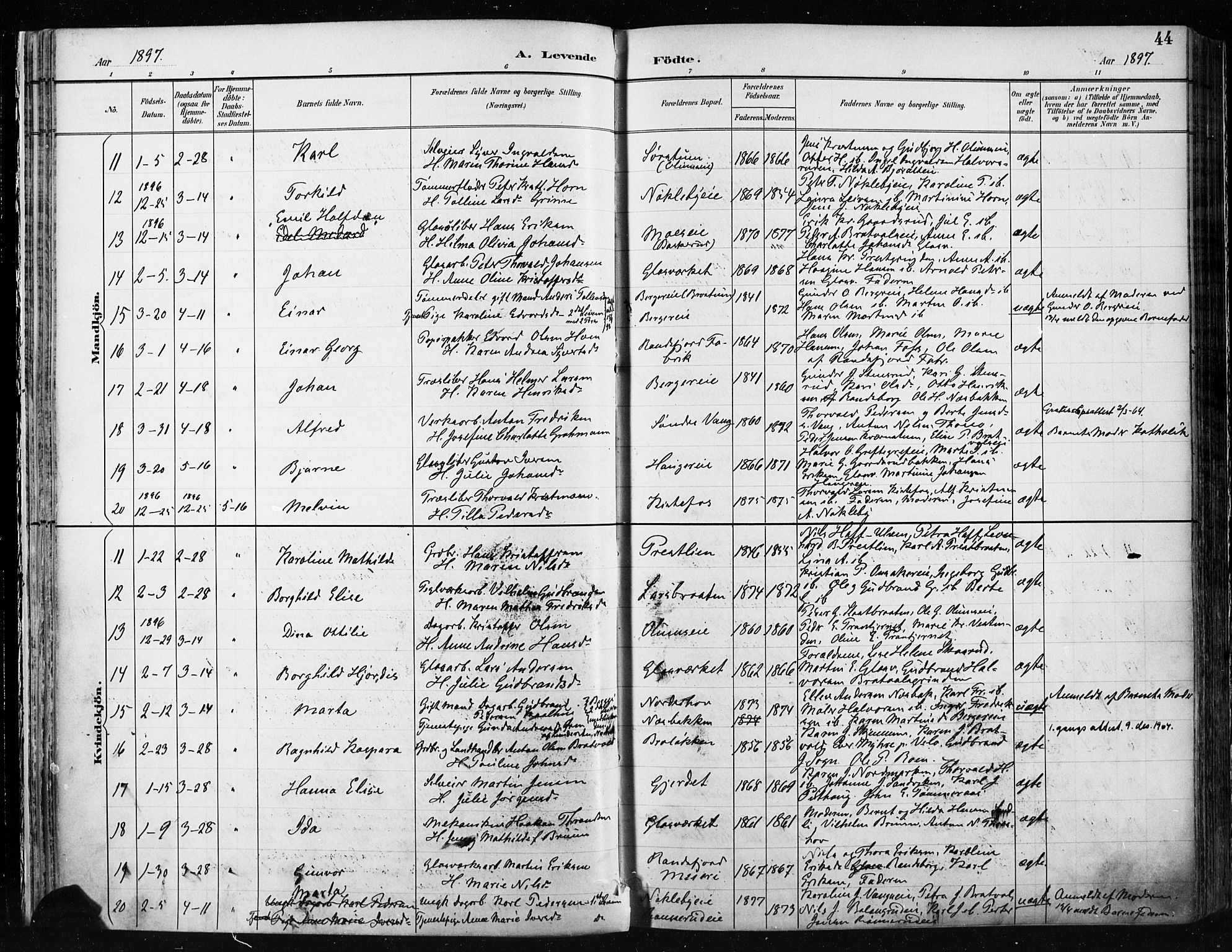 Jevnaker prestekontor, AV/SAH-PREST-116/H/Ha/Haa/L0009: Parish register (official) no. 9, 1891-1901, p. 44