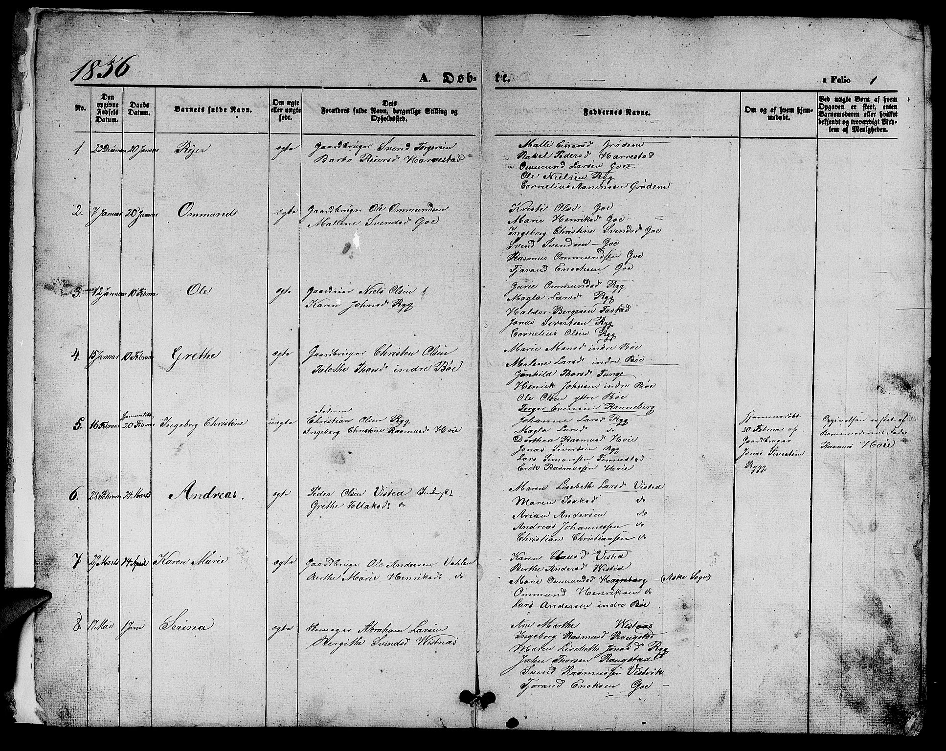 Hetland sokneprestkontor, SAST/A-101826/30/30BB/L0002: Parish register (copy) no. B 2, 1856-1891, p. 1