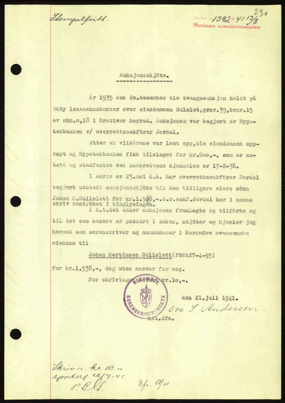 Nordmøre sorenskriveri, SAT/A-4132/1/2/2Ca: Mortgage book no. A90, 1941-1941, Diary no: : 1392/1941