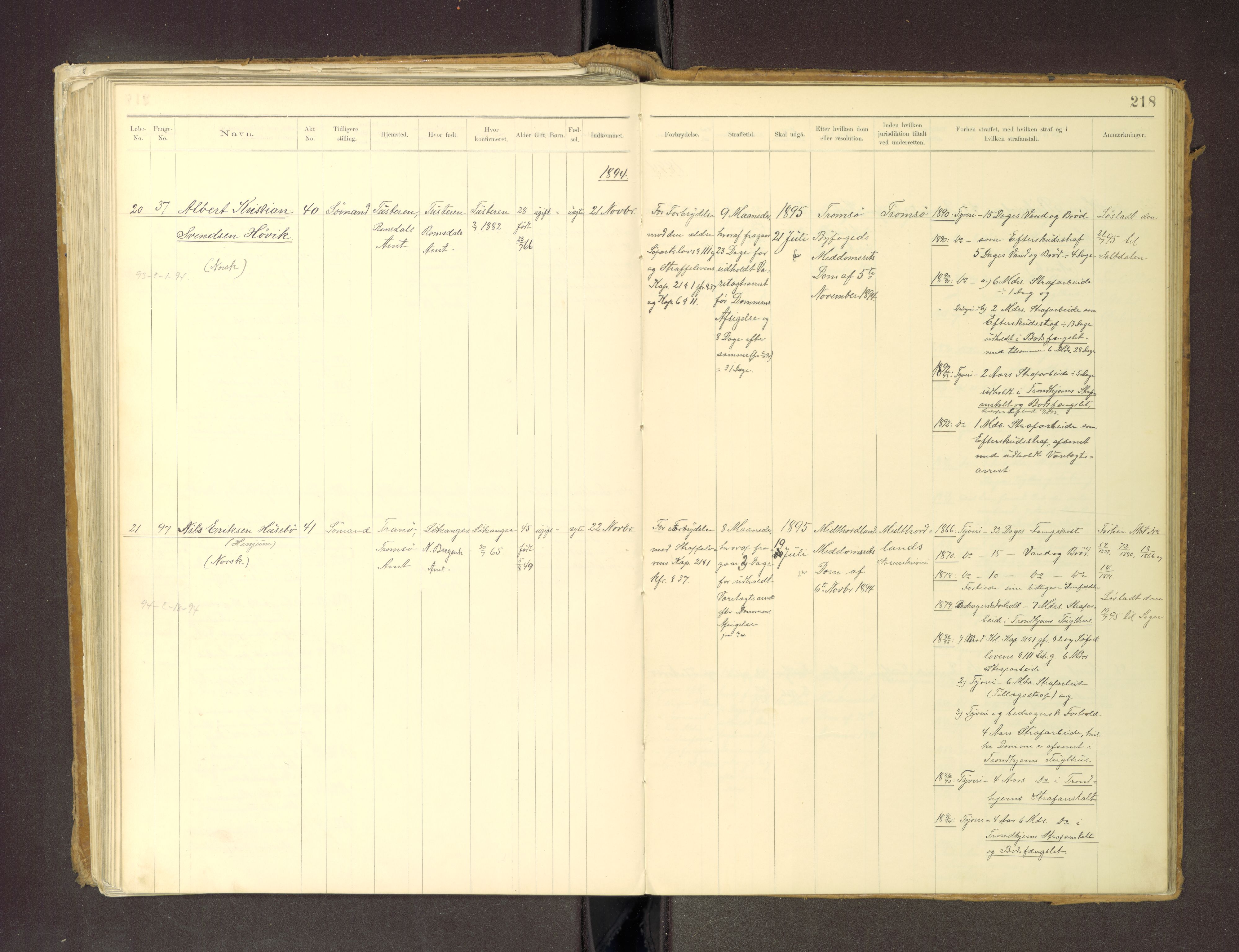 Trondheim tukthus, SAT/A-4619/05/65/L0036: 65.36 Fangeprotokoll m/reg, 1885-1898, p. 218