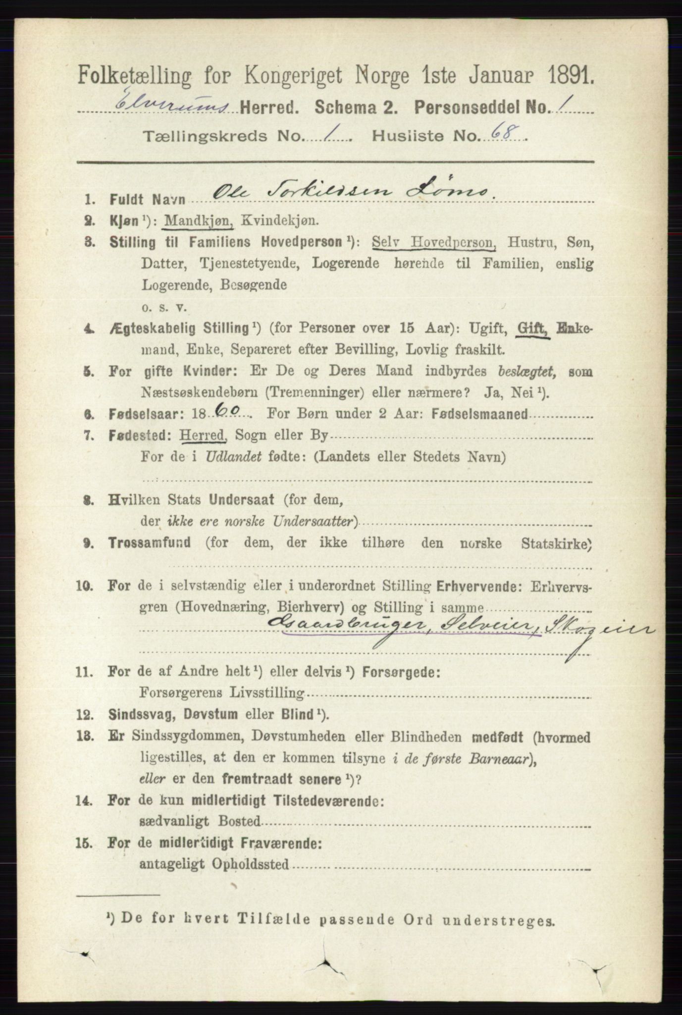 RA, 1891 census for 0427 Elverum, 1891, p. 590