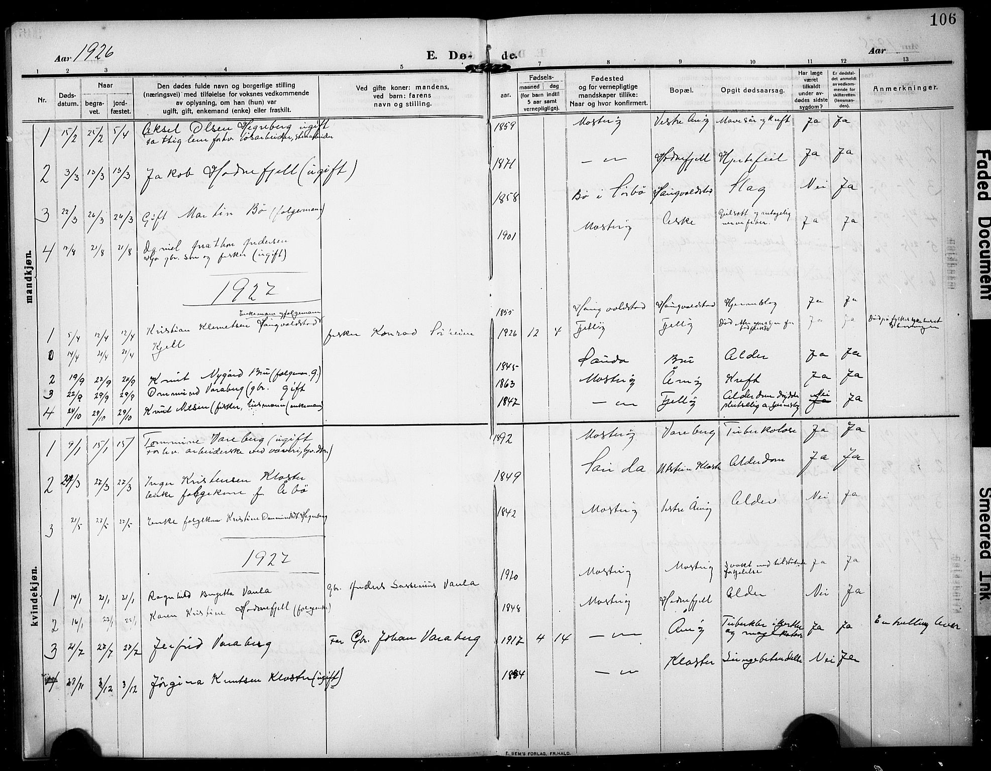 Rennesøy sokneprestkontor, AV/SAST-A -101827/H/Ha/Hab/L0013: Parish register (copy) no. B 12, 1907-1928, p. 106