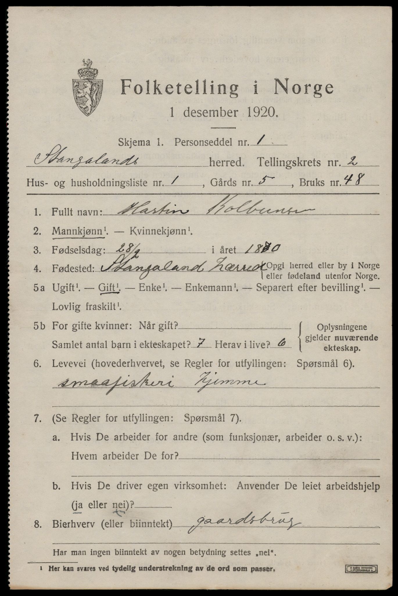 SAST, 1920 census for Stangaland, 1920, p. 1199