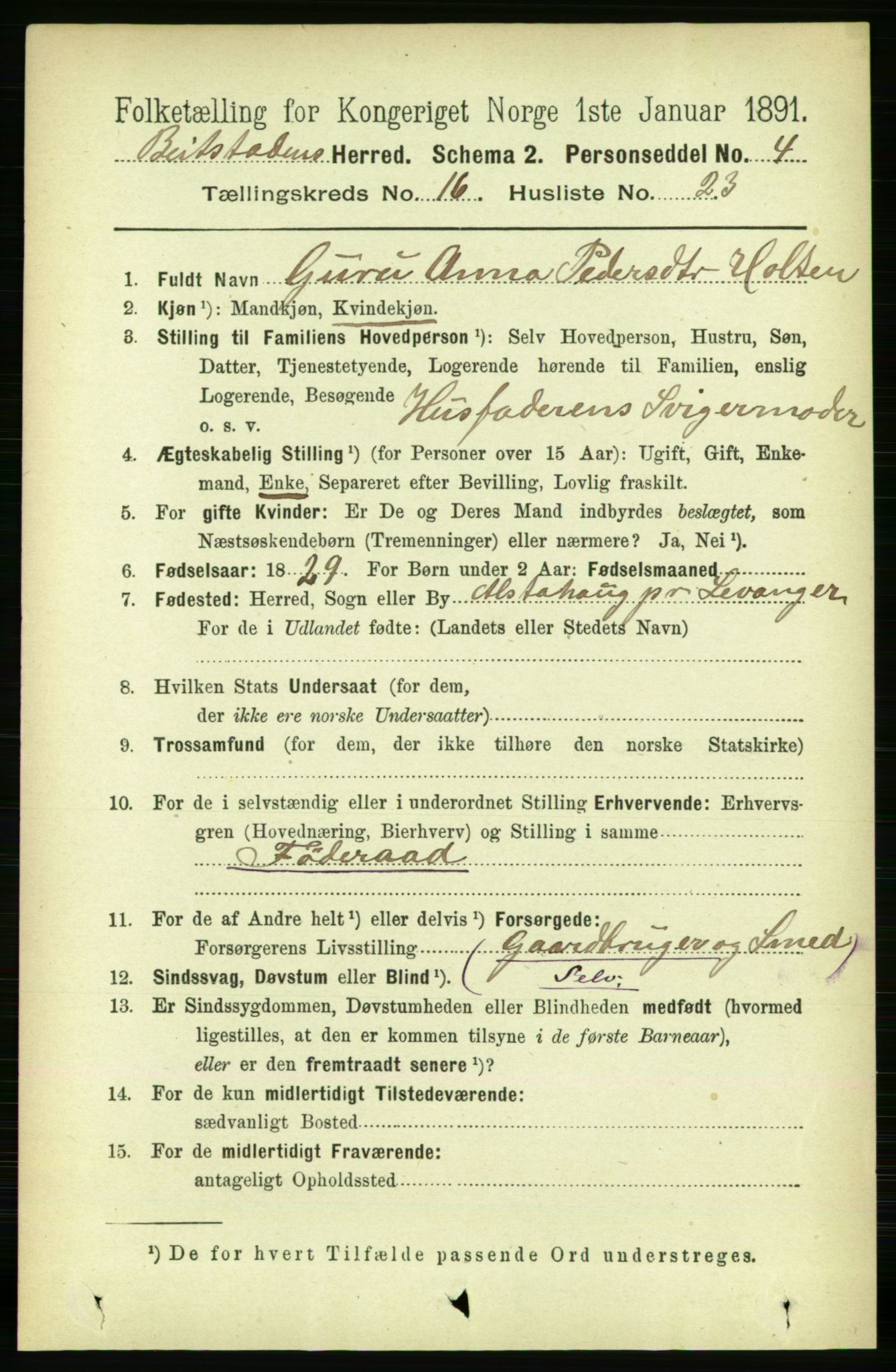 RA, 1891 census for 1727 Beitstad, 1891, p. 4318