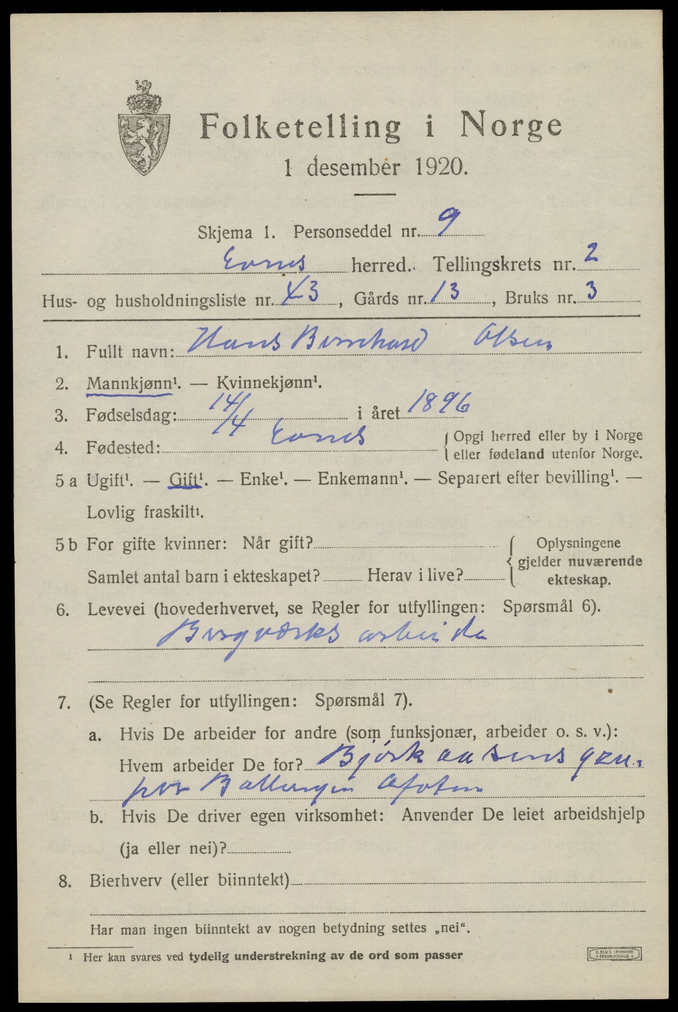 SAT, 1920 census for Evenes, 1920, p. 2946