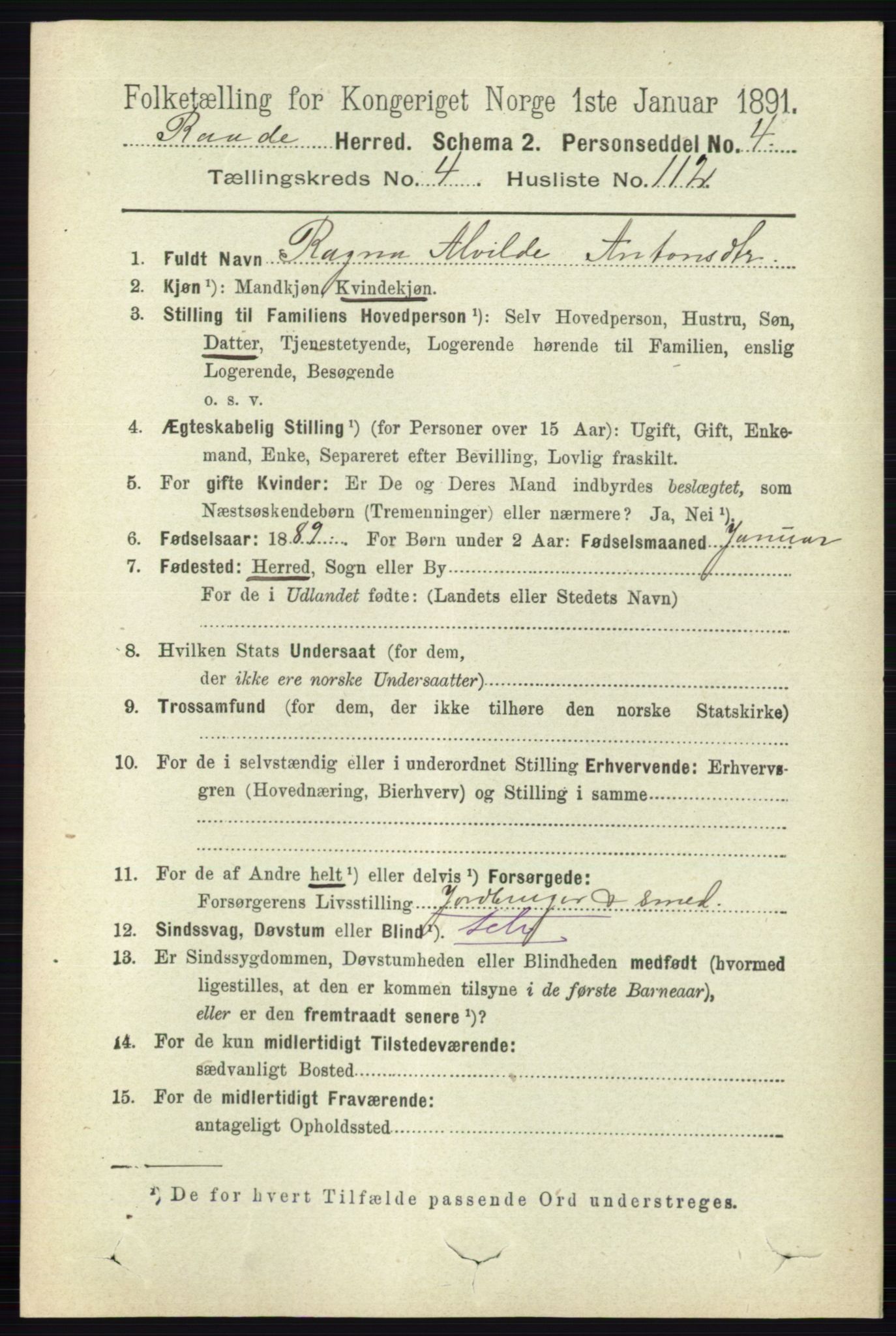 RA, 1891 census for 0135 Råde, 1891, p. 2506