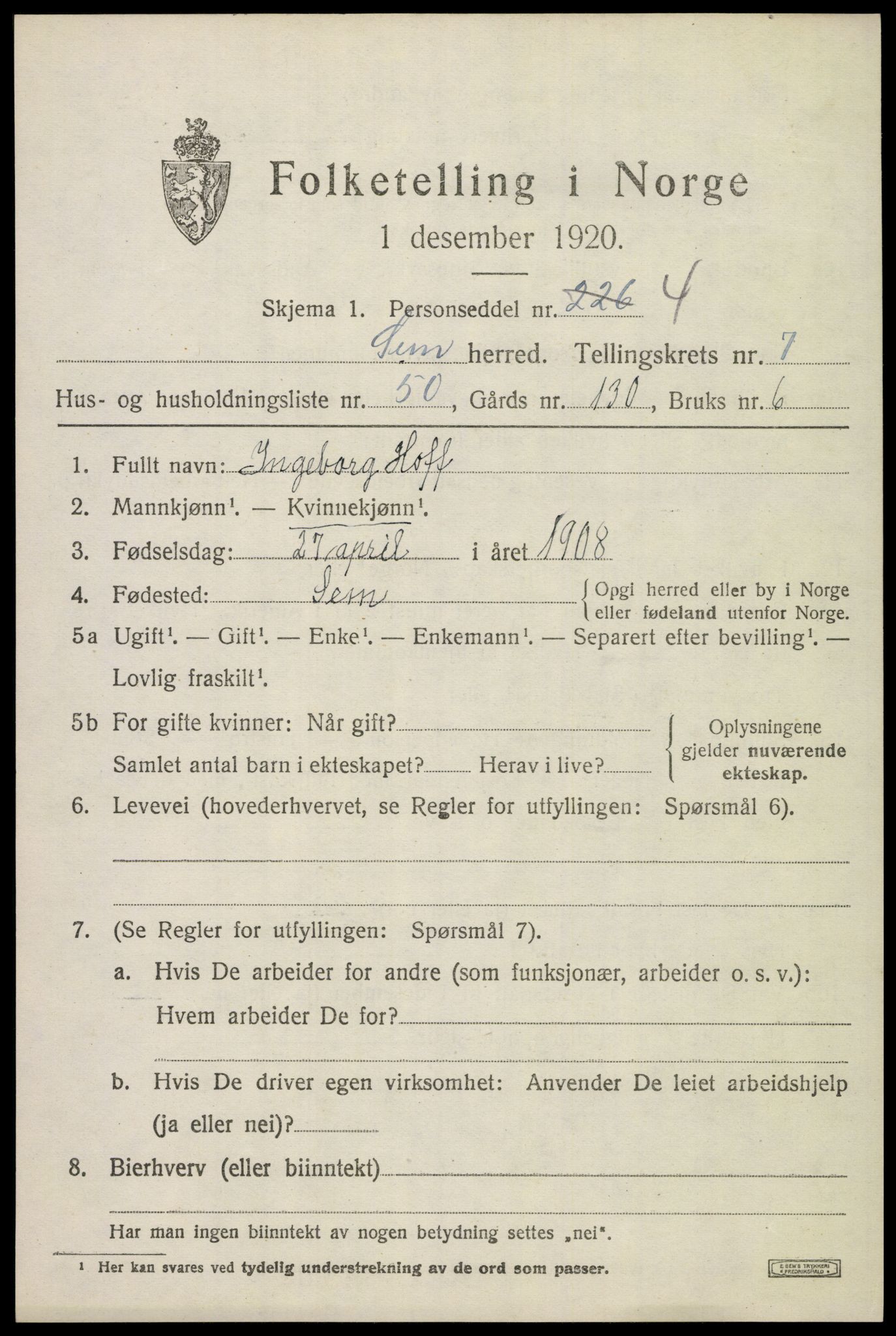 SAKO, 1920 census for Sem, 1920, p. 10793