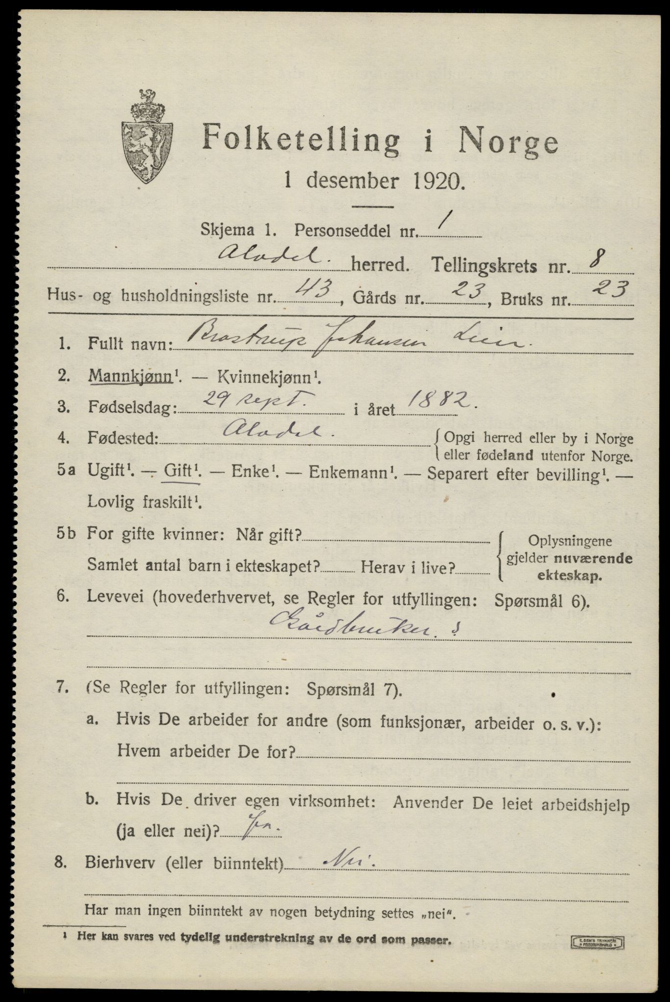 SAH, 1920 census for Alvdal, 1920, p. 4888