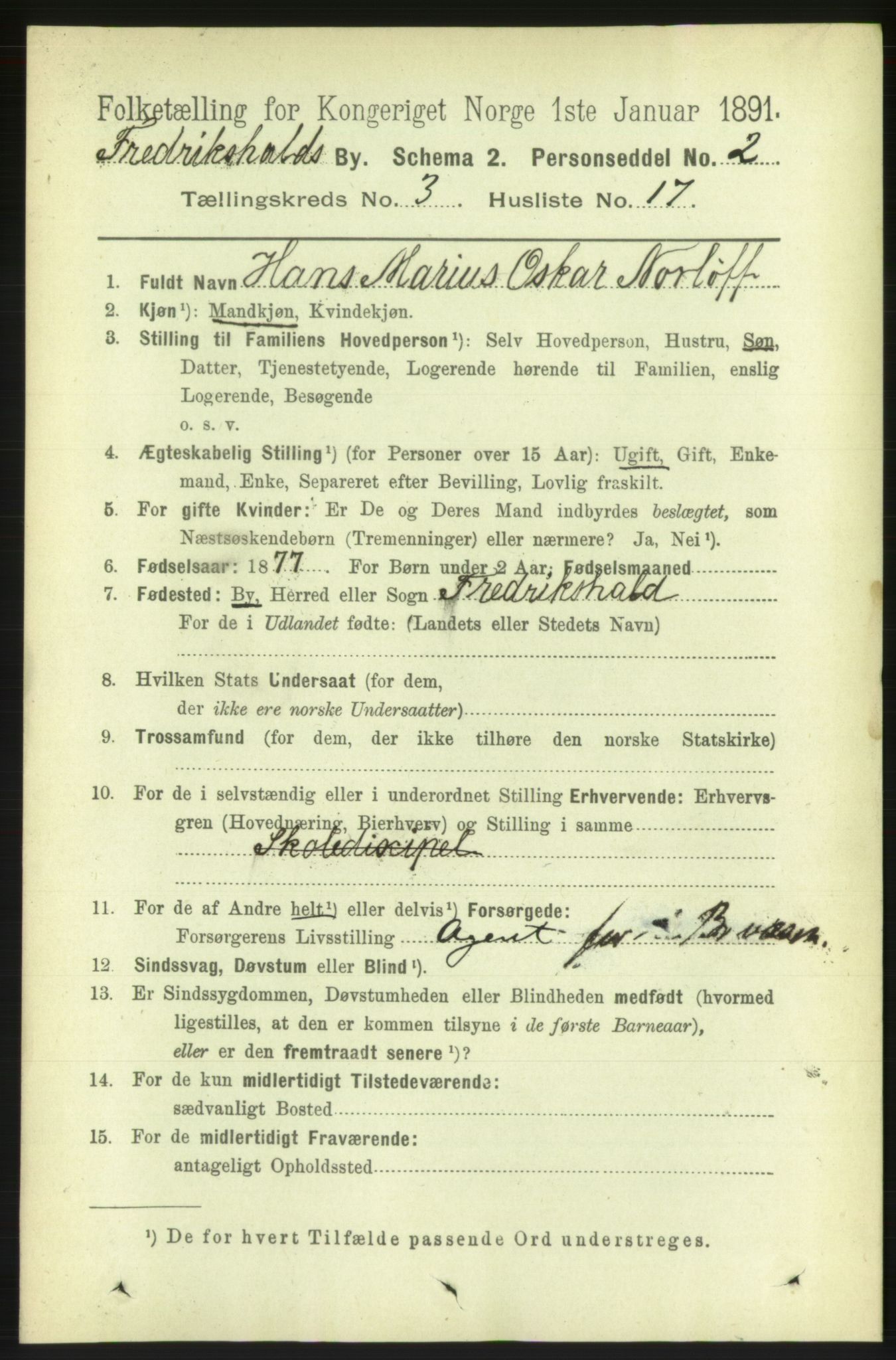 RA, 1891 census for 0101 Fredrikshald, 1891, p. 3423